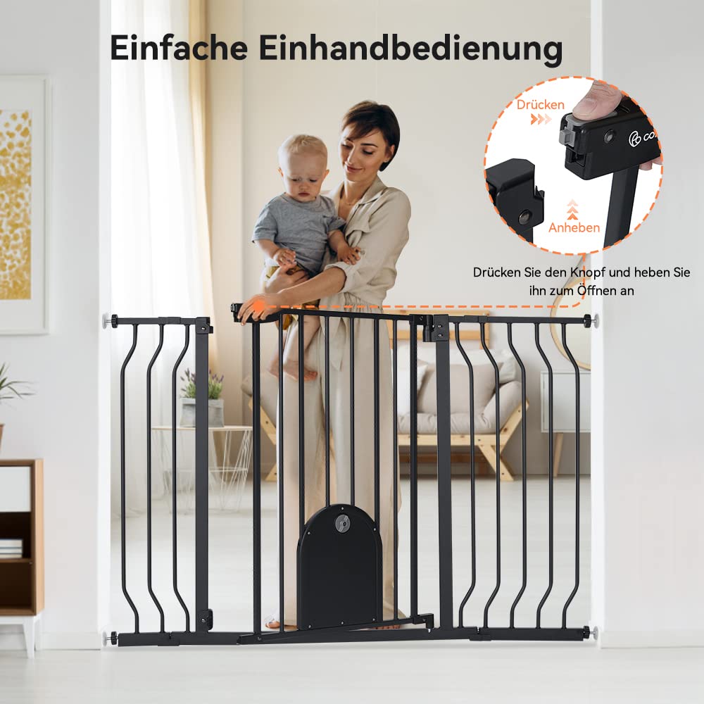 Detalle de COMOMY Türschutzgitter für Babys ohne Bohren – Treppenschutzgitter Breite 75–123 cm, schließt automatisch, schwarz