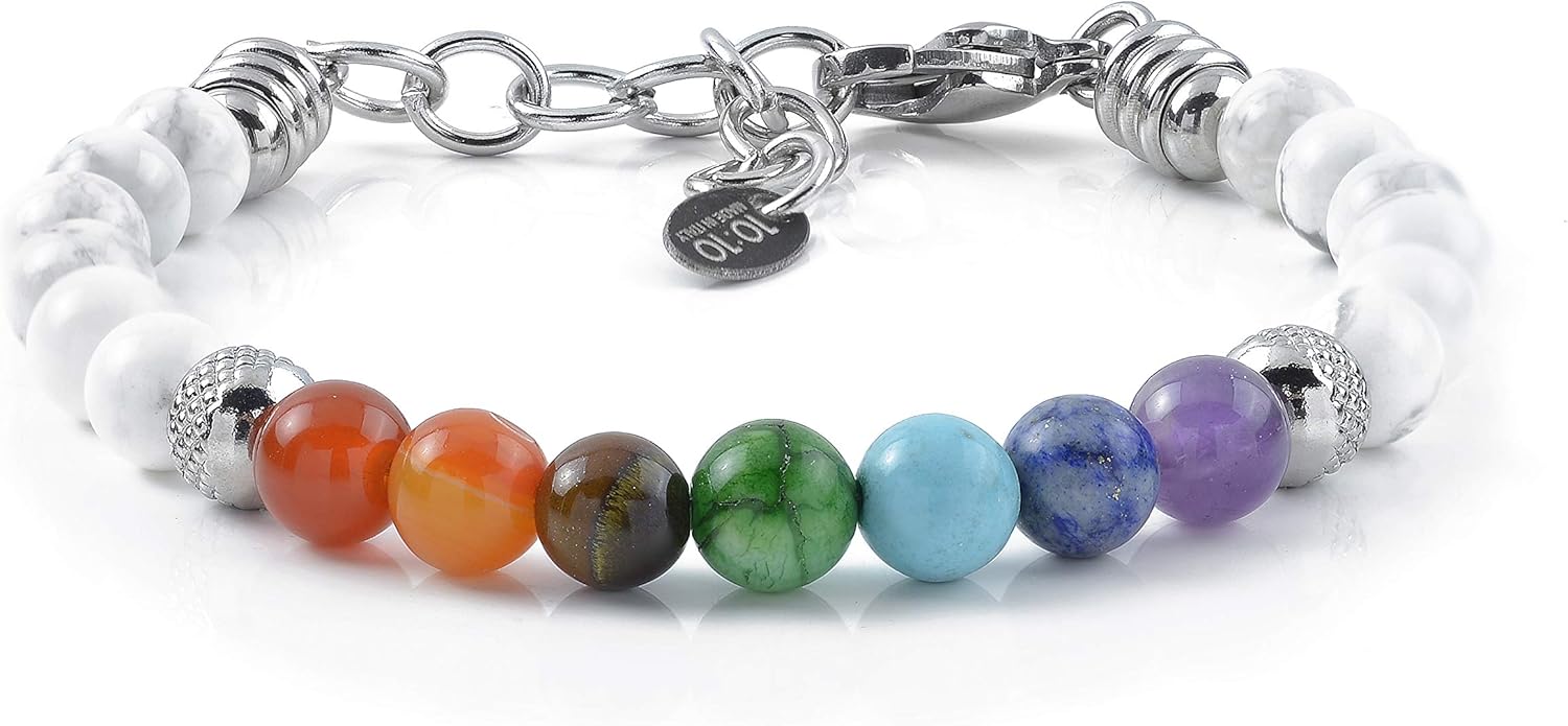Thumbnail 1 de 10:10 Bracciale 7 Chakra in acciaio inox e pietre naturali da 6 mm, 21 cm con estensione — fatto in Italia