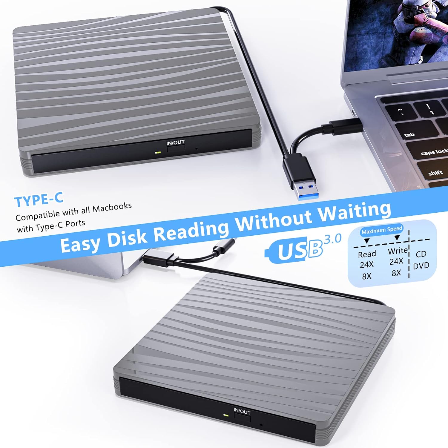 Thumbnail 5 de QDSYLQ Externes CD/DVD-Laufwerk USB 3.0 Type-C (tragbar) zum Brennen und Rippen