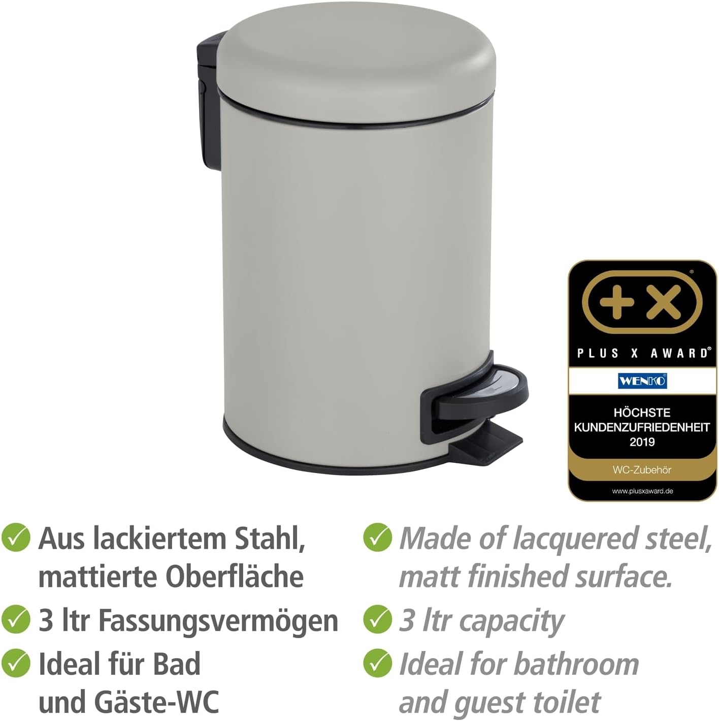 Thumbnail 2 de WENKO Treteimer Mod. Leman, 3 Liter, Taupe Matt – mit herausnehmbarem Einsatz