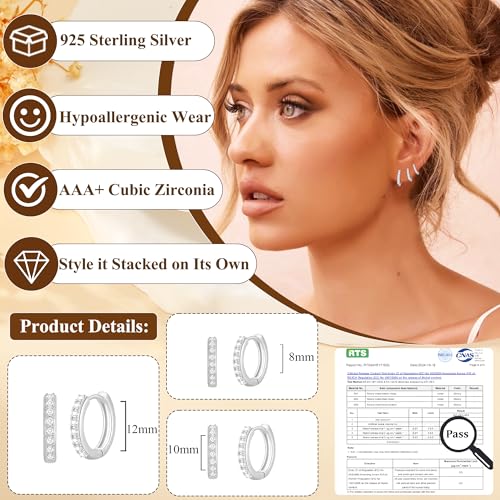 Detalle 2 de AVOTTO 3 Pairs S925 Silver Earrings – Small Huggie Hoop Set