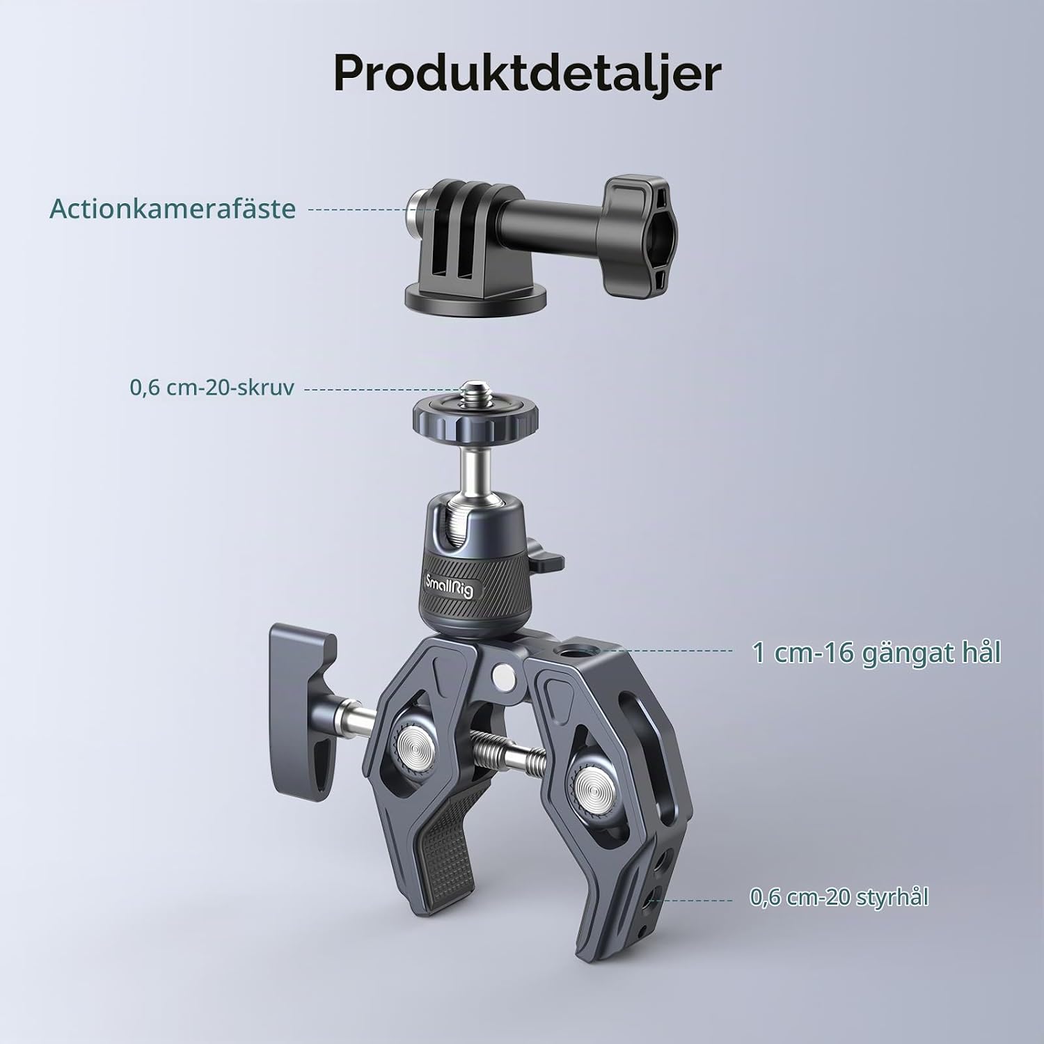 Detalle de SMALLRIG 4102B kameraklämma med kulhuvud, 360° rotation och avtagbar adapter