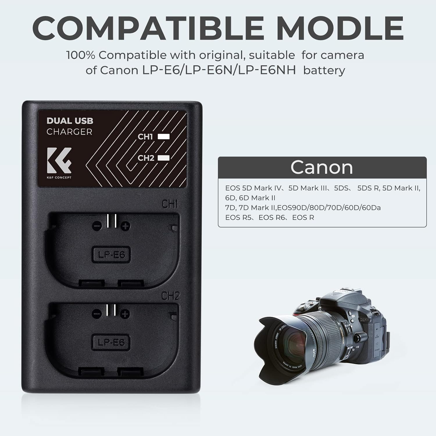 Detalle de K&F CONCEPT Dual Slot Ladegerät LP-E6/LP-E6N/LP-E6NH – Schnellladen für Canon EOS R5, R6 und mehr