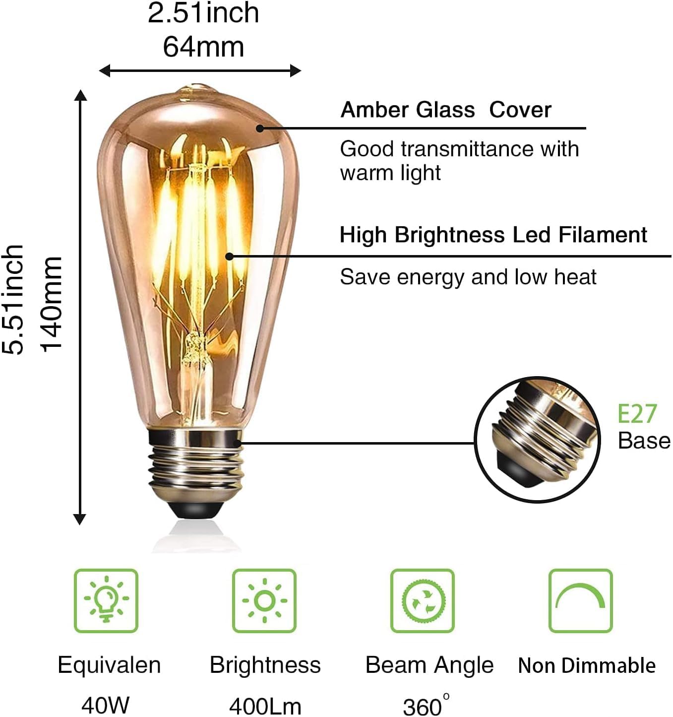 Thumbnail 2 de YOUDIAN LED Edison Bulb 4W E27 2700K ST64