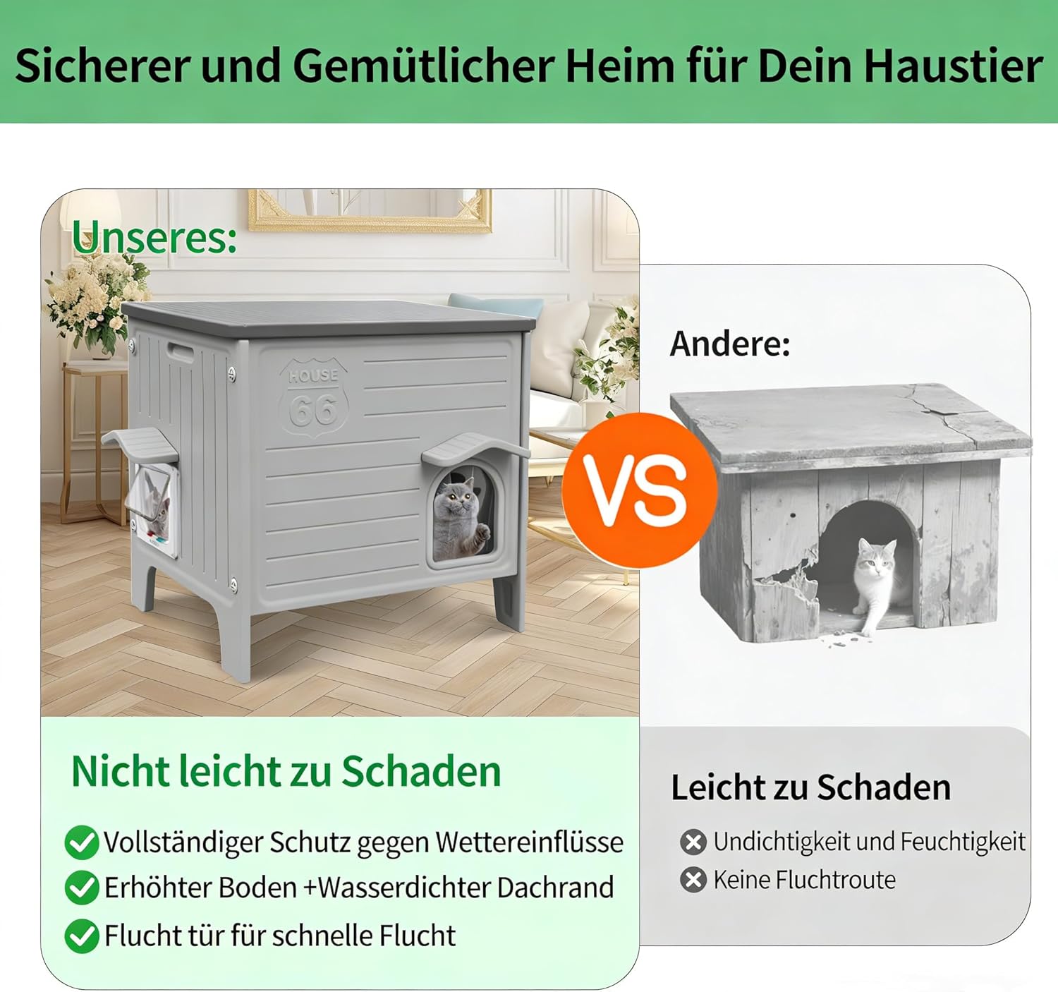 Thumbnail 6 de HiCaptain Outdoor-Katzenhaus winterfest aus HDPE mit Flucht-Tür – grau, für kleine bis mittlere Katzen