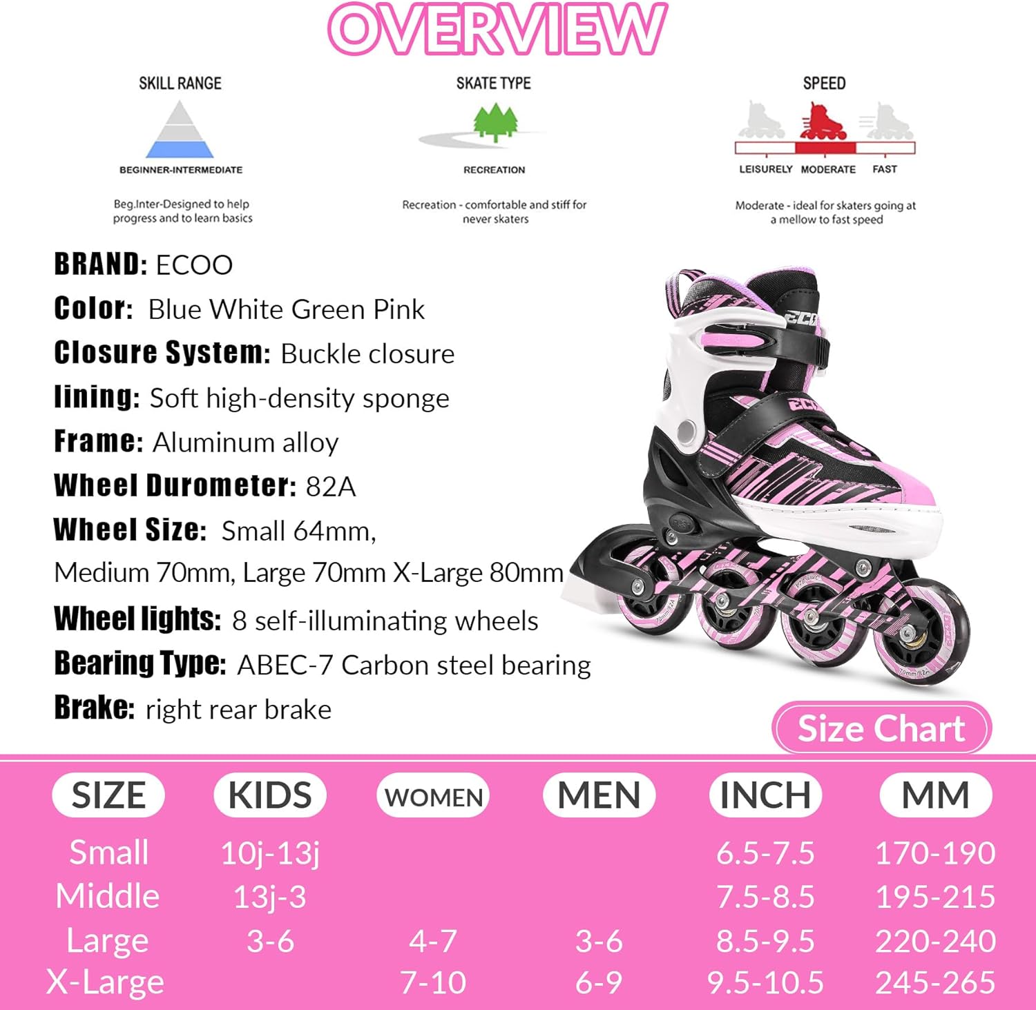 Thumbnail 6 de ECOO Adjustable Inline Skates for Kids (Ages 5–8, 8–12) with Light-Up Wheels and Easy Buckle