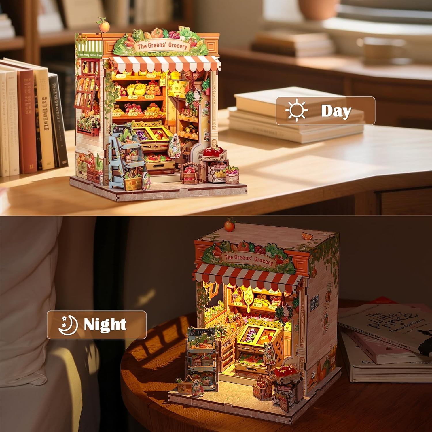 Detalle 2 de CUTEBEE Book Nook – Puppenhaus Kit ‚The Greens' Grocery‘, 3D Holz-Bausatz als tragbare Miniatur-Bookend-Dekoration
