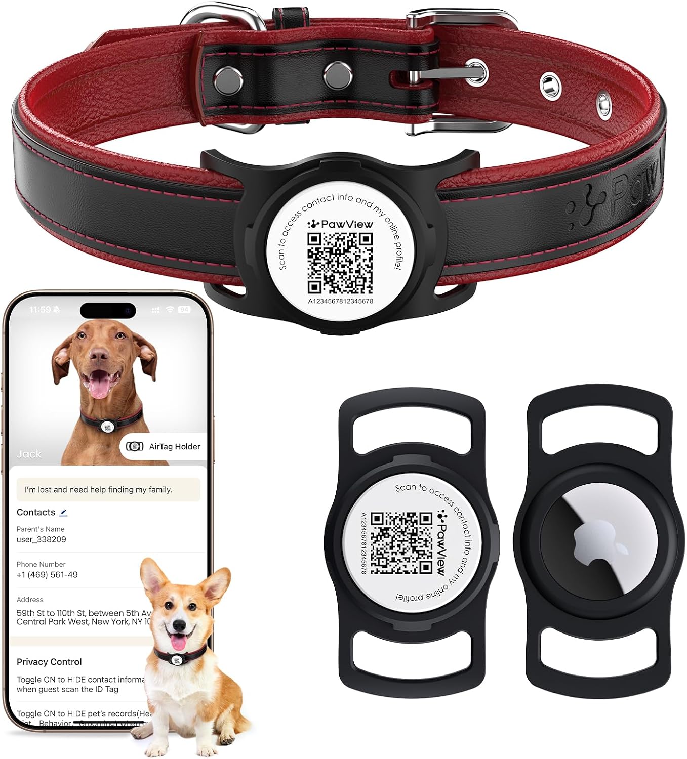 Thumbnail 6 de PawView Genuine Leather Dog Collar with AirTag Holder – Adjustable for Small Dogs (Pink)