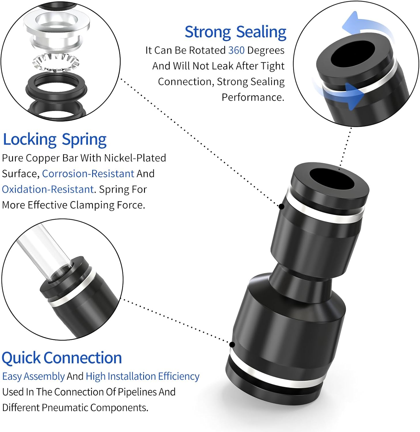 Thumbnail 2 de ERGAOBOY 10 Pcs 12mm Tube OD x 8mm Tube OD Black Straight Reducing Push to Connect Fittings