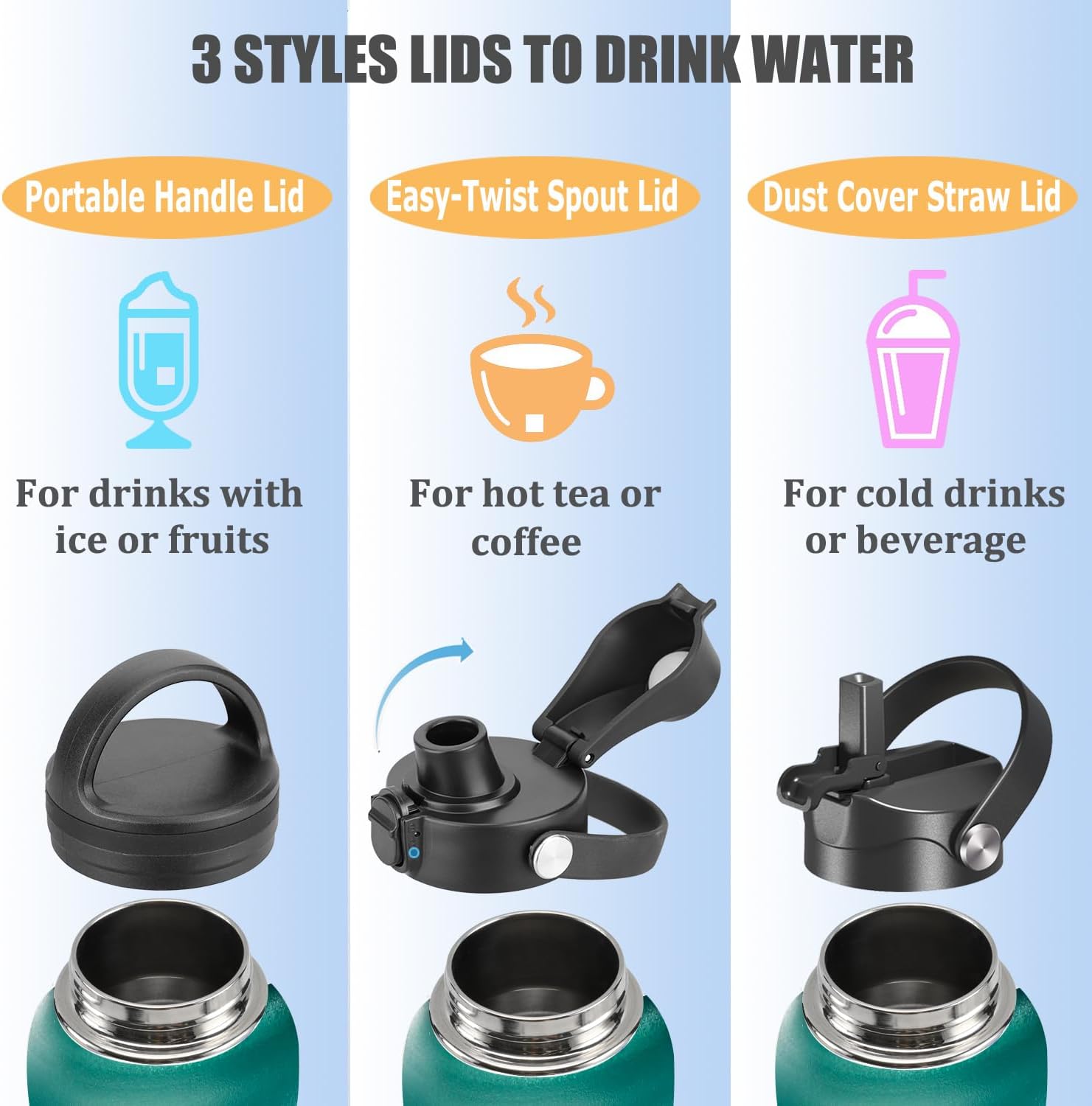 Thumbnail 4 de Water Bottle Insulated 32oz/40oz/64oz/128oz with 3 Lids: Leak-Proof Vacuum Stainless Steel Bottle