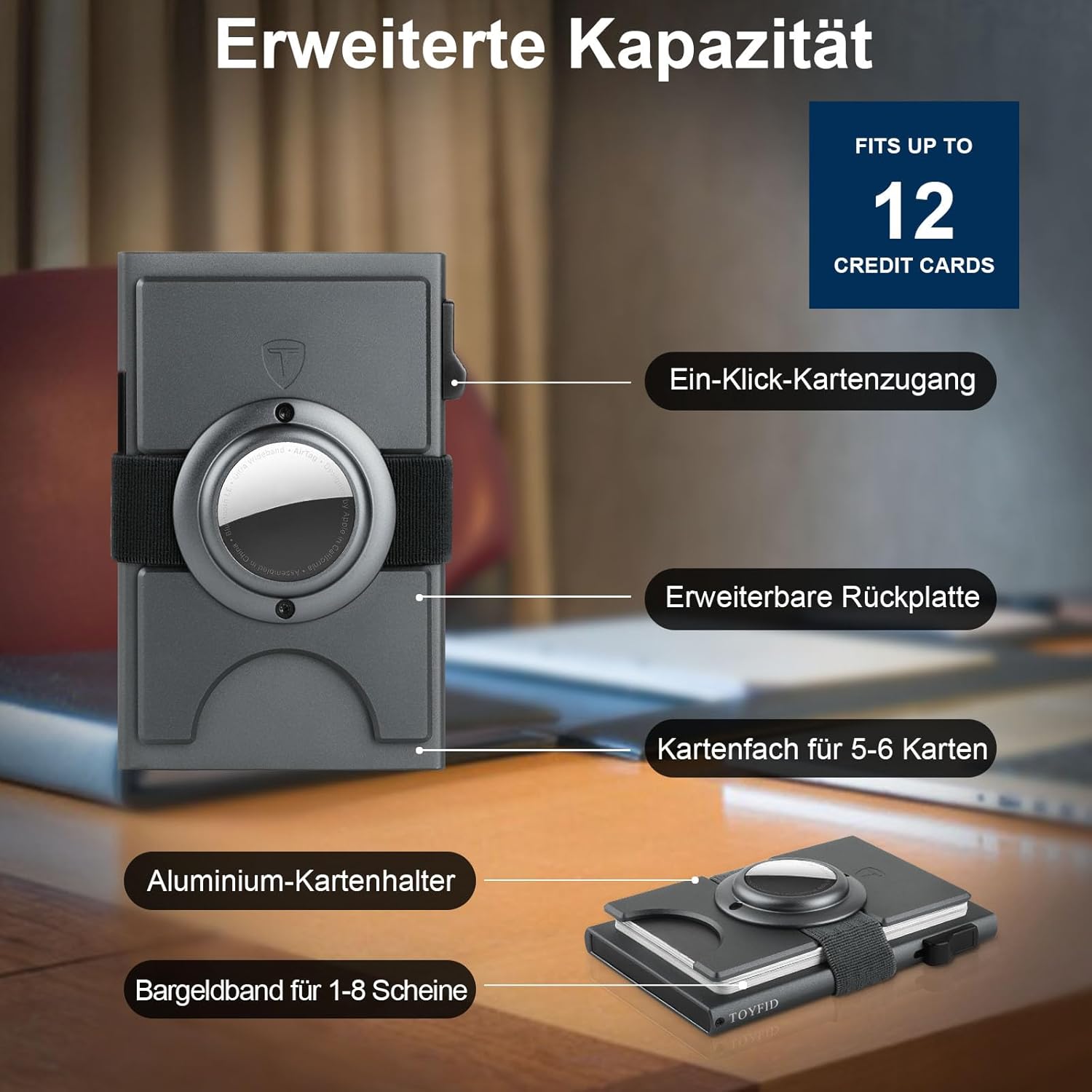 Thumbnail 3 de TOYFID Herren Kartenetui mit AirTag Steckplatz – 12 Karten, Aluminium, Grau
