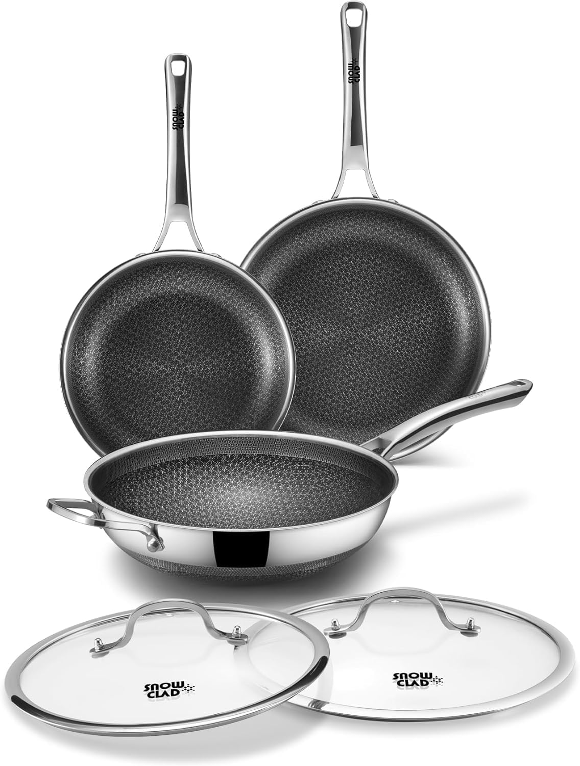 Wokpfanne 30 cm & Bratpfannen 24+28 cm – Hybrid-Wok-Set mit Antihaft-Wabenbeschichtung