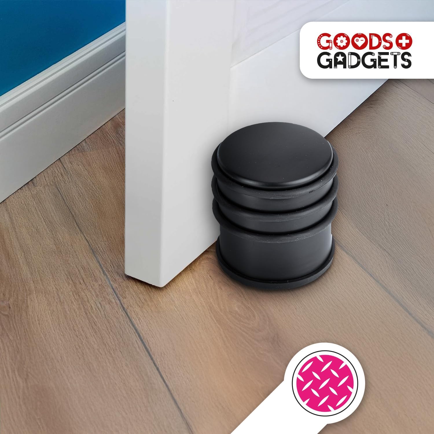 Detalle de GOODS+GADGETS® Butée de Porte en Inox – Lot de 4 (1,2 kg) sans Perçage, base caoutchouc antidérapante – Noir mat