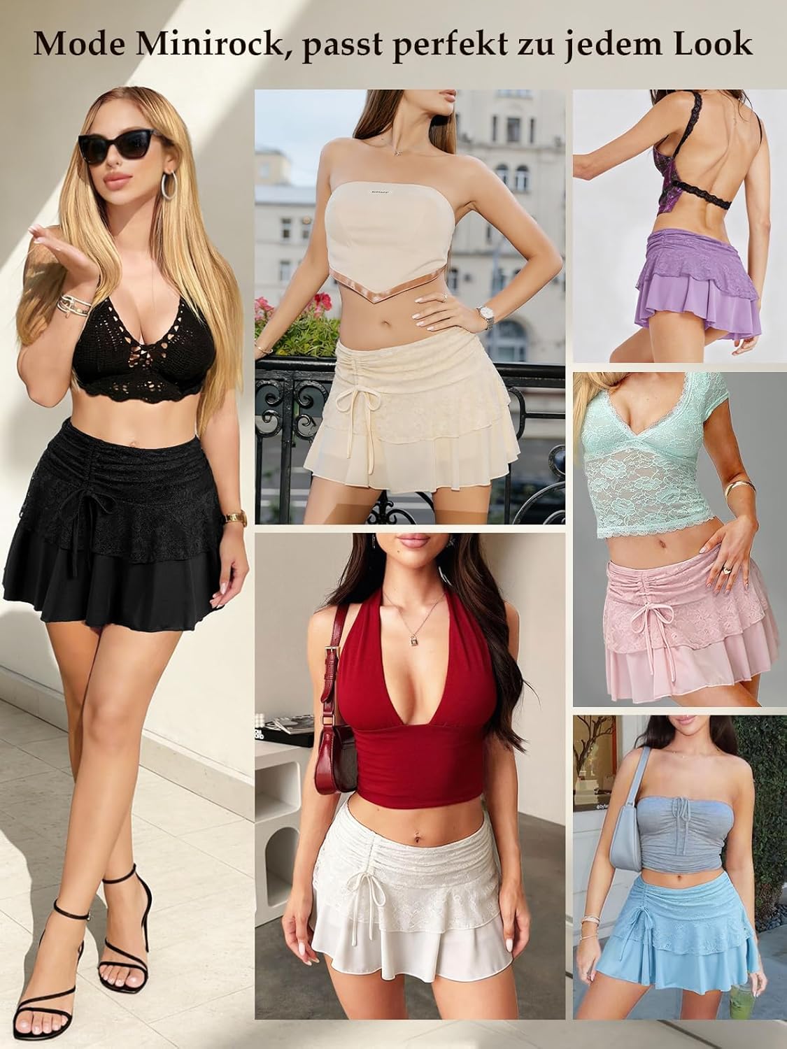 Detalle 2 de Waist Wow Damen Minirock mit Spitze – Elastische Taille, Rüschenrock mit integrierter Shorts