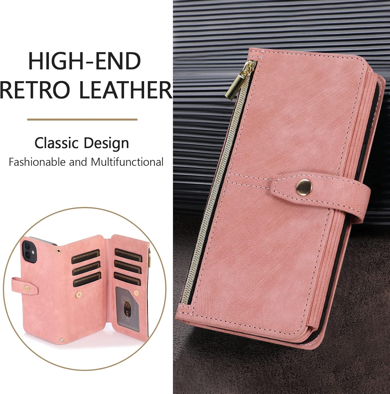 Thumbnail 6 de UEEBAI Wallet-Hülle für Samsung Galaxy S23 Ultra – Vintage Retro Leder mit 9 Kartenfächern, Umhängegurt, Standfunktion und Reißverschluss in Rosa