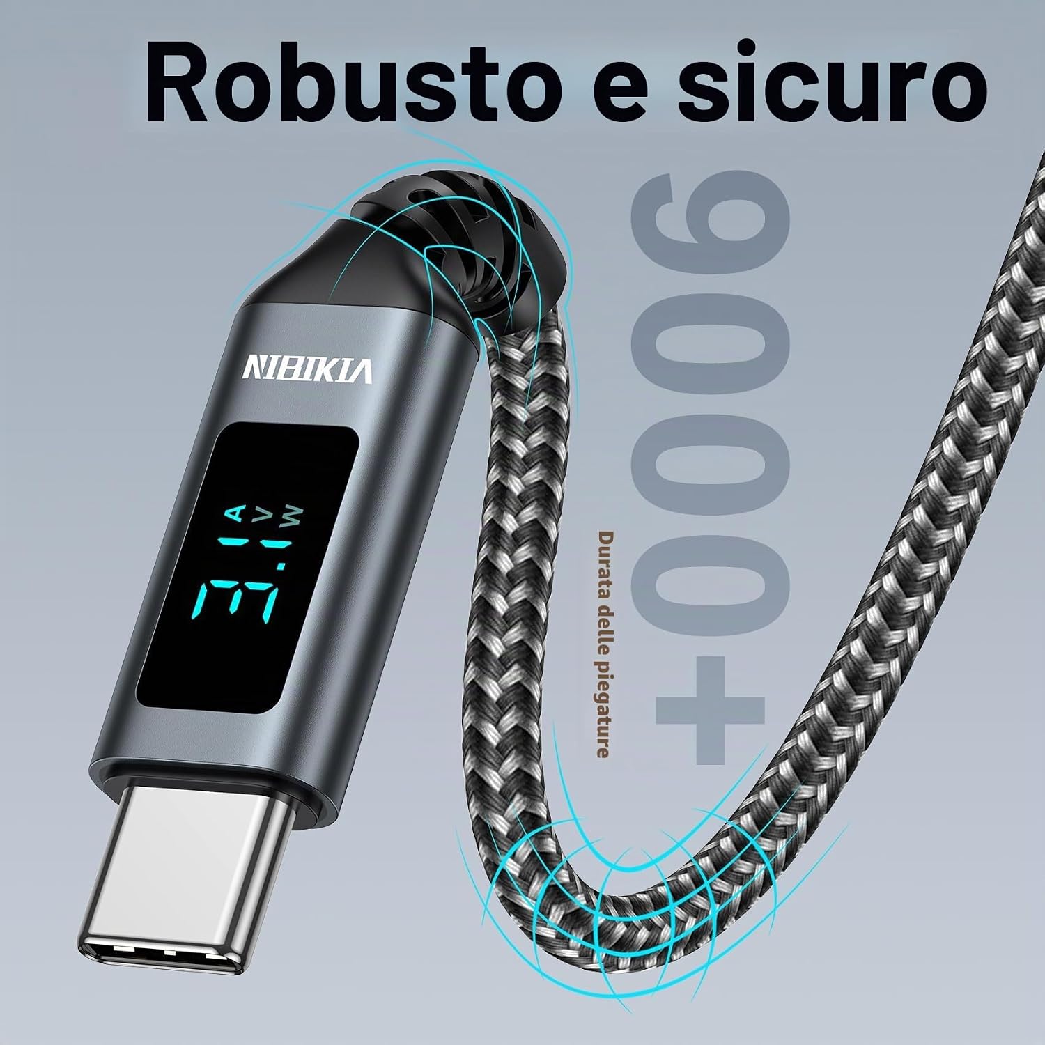 Detalle 2 de Cavo USB Type-C 1m USB 3.0 10Gbps con Display LED e Ricarica Rapida 3A – Compatibile con iPhone 15/16/17, Samsung Galaxy e altri