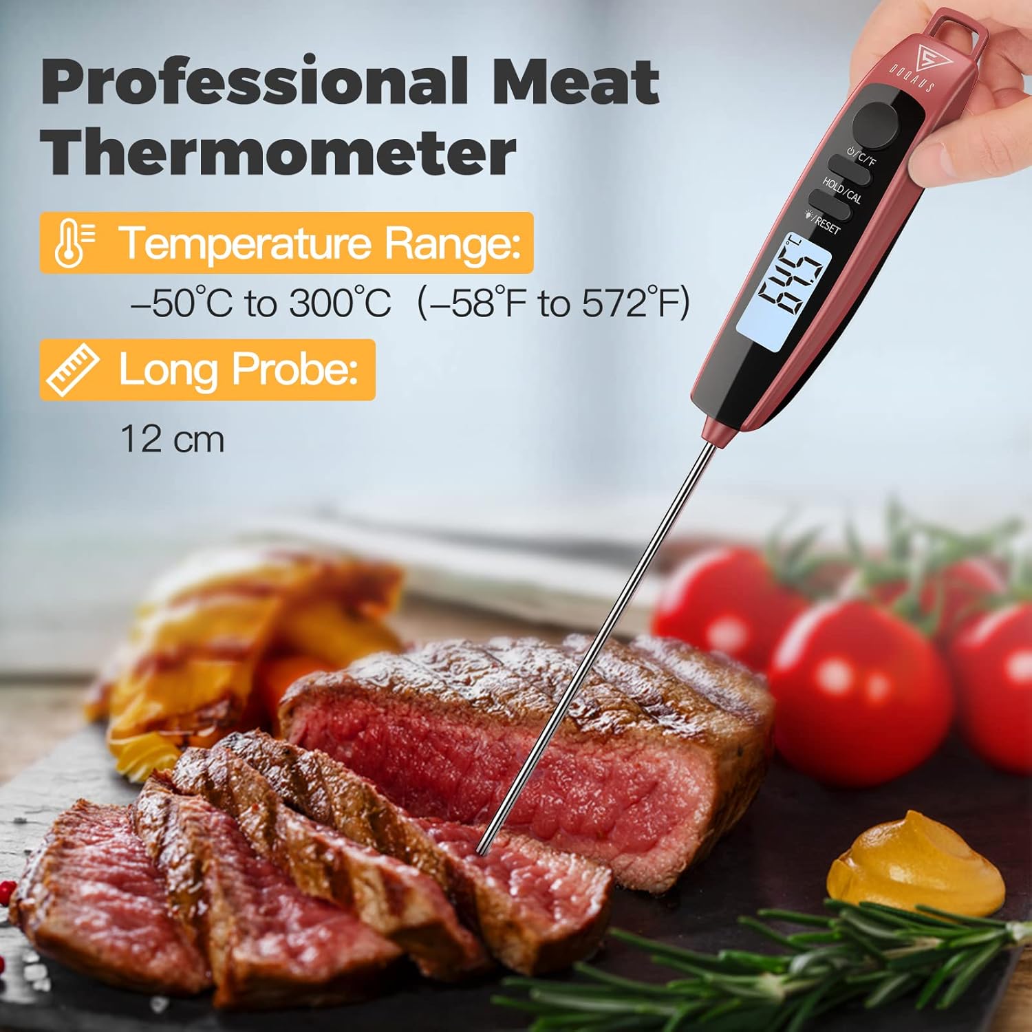 Detalle de DOQAUS Fleischthermometer – Grillthermometer mit 3-Sekunden-Auslese, IPX6 & ultradünner 8 mm Sonde