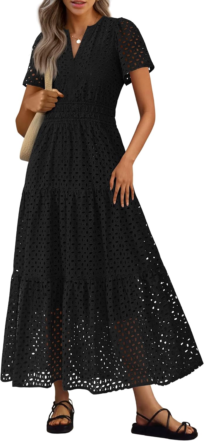 Detalle de PRETTYGARDEN Womens 2026 Summer Maxi Dress: Eyelet V-Neck A-Line with Short Sleeves