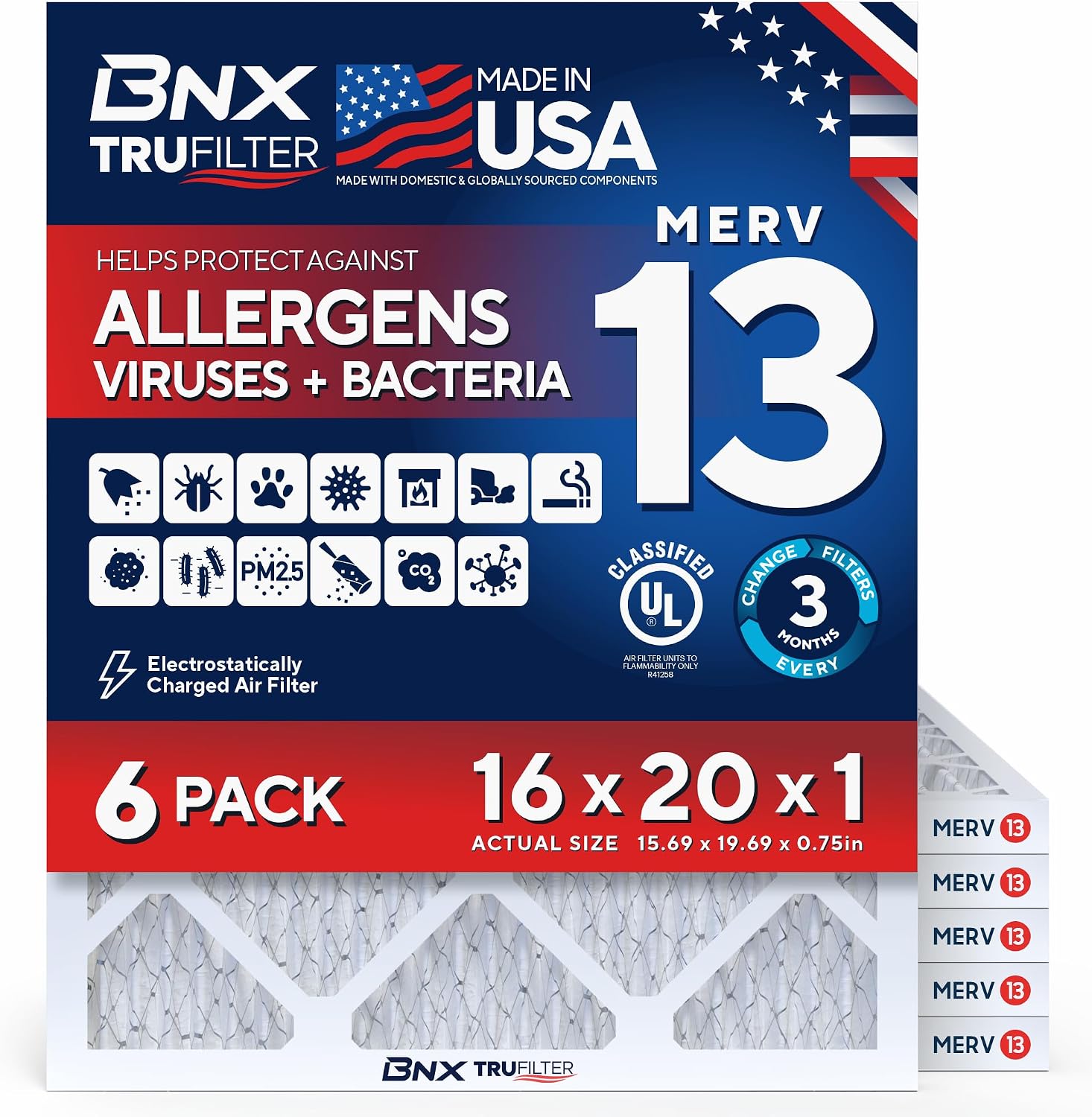 Detalle de BNX TruFilter 16x20x1 MERV 13 (6-Pack) — Made in USA, Electrostatic Pleated Air Filter for Allergies