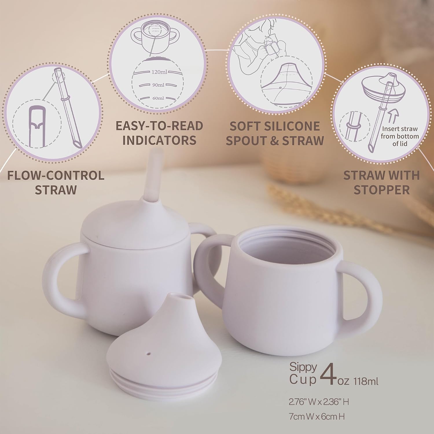 Detalle de Moonkie 3-Stage Silicone Baby Sippy Cup, 4 oz Straw and Open Cup