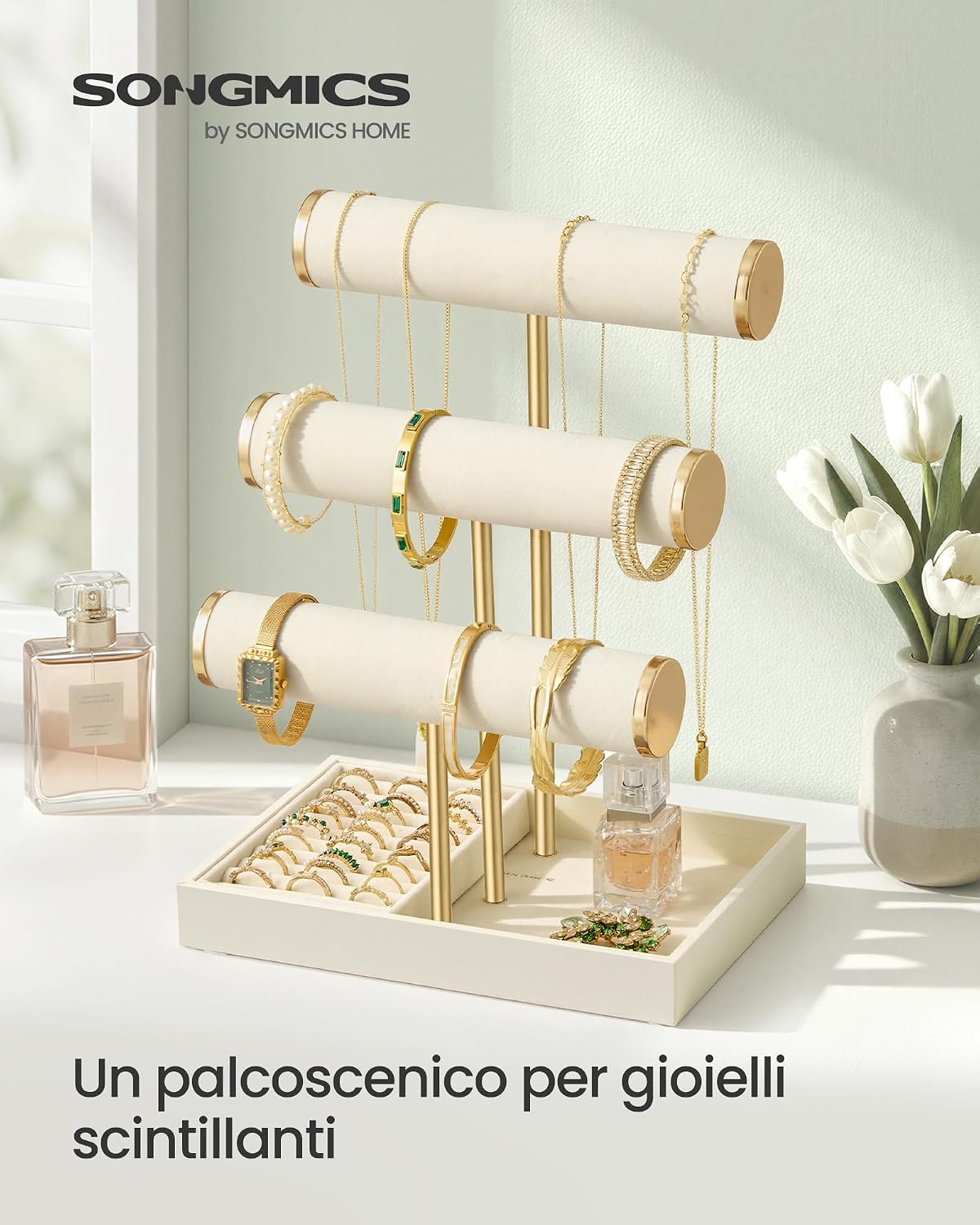 Thumbnail 1 de SONGMICS Porta Bracciali JJS027W101: portagioie bianco crema e oro pallido con 5 elementi espositivi