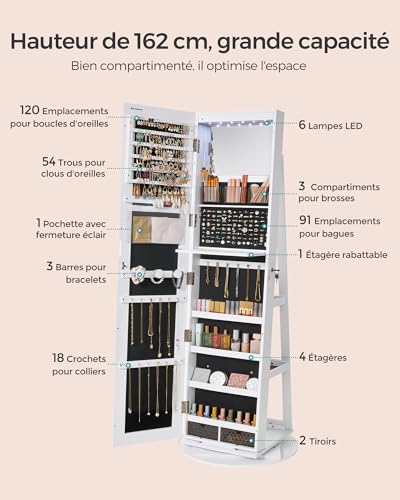 Thumbnail 6 de SONGMICS Armoire à Bijoux avec Miroir et LED – rangement pivotant 360°, 6 LED, portes verrouillables (JJC007W01)