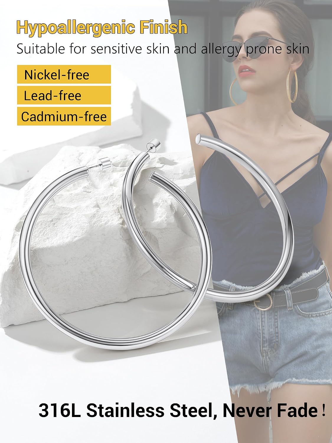 Detalle de PROSTEEL Boucles d’oreilles demi-créoles ouvertes en acier inoxydable (20 à 80 mm) pour femme