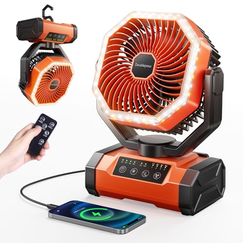 Detalle de Doublepow 20000mAh Camping Fan with LED Light: Portable, Remote-Controlled Oscillating Fan for Outdoor Use