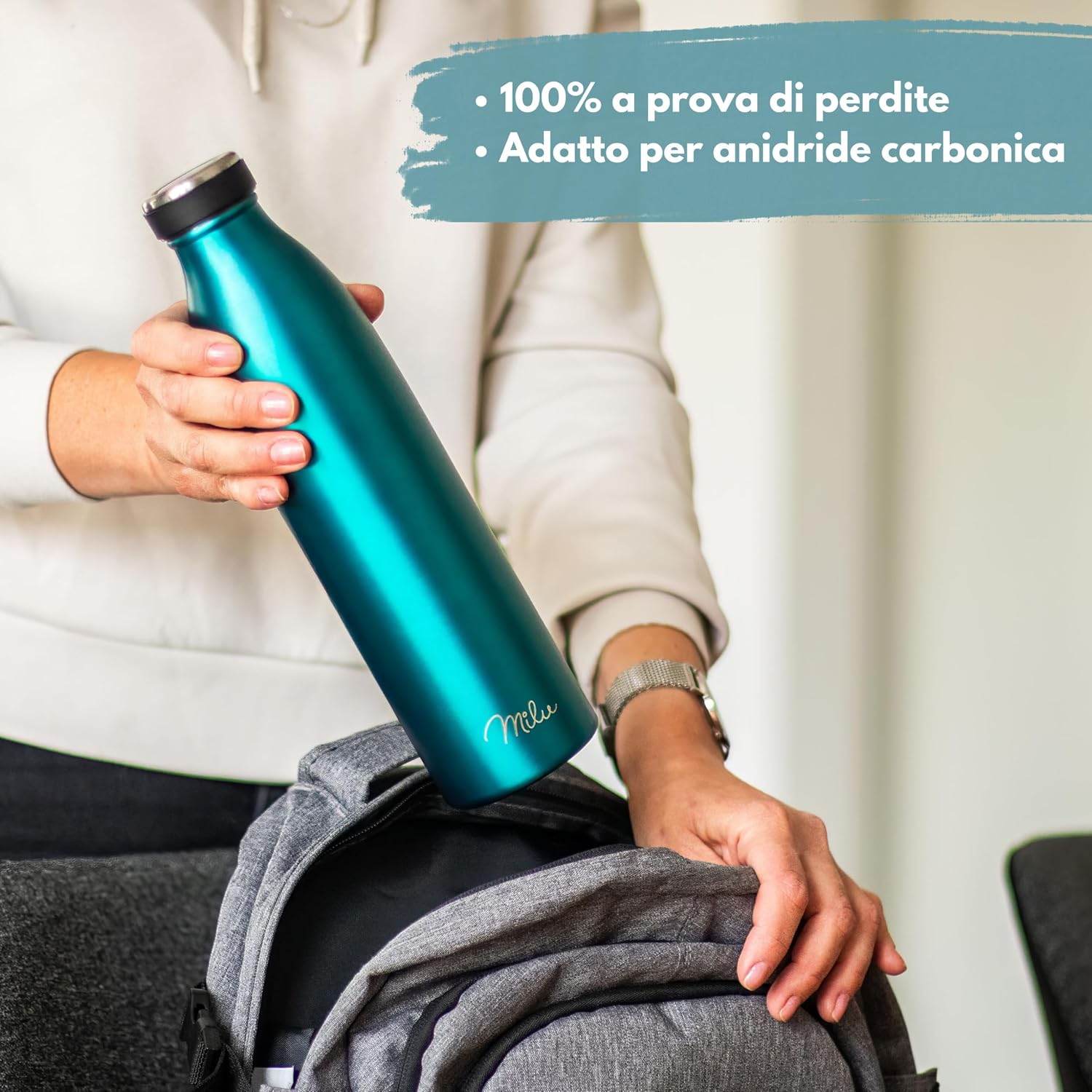 Detalle de Milu Thermo in acciaio inox 1,5 L – borraccia termica resistente, svuota perdite e comoda da portare