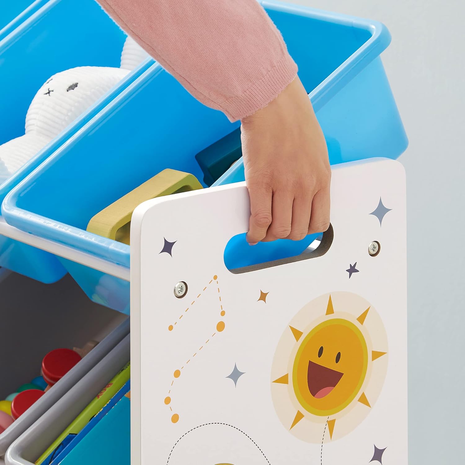 Detalle de SONGMICS Scaffale Giochi GKR070W03: 4 Ripiani con 16 Contenitori Rimovibili, Design Navigatore Spaziale