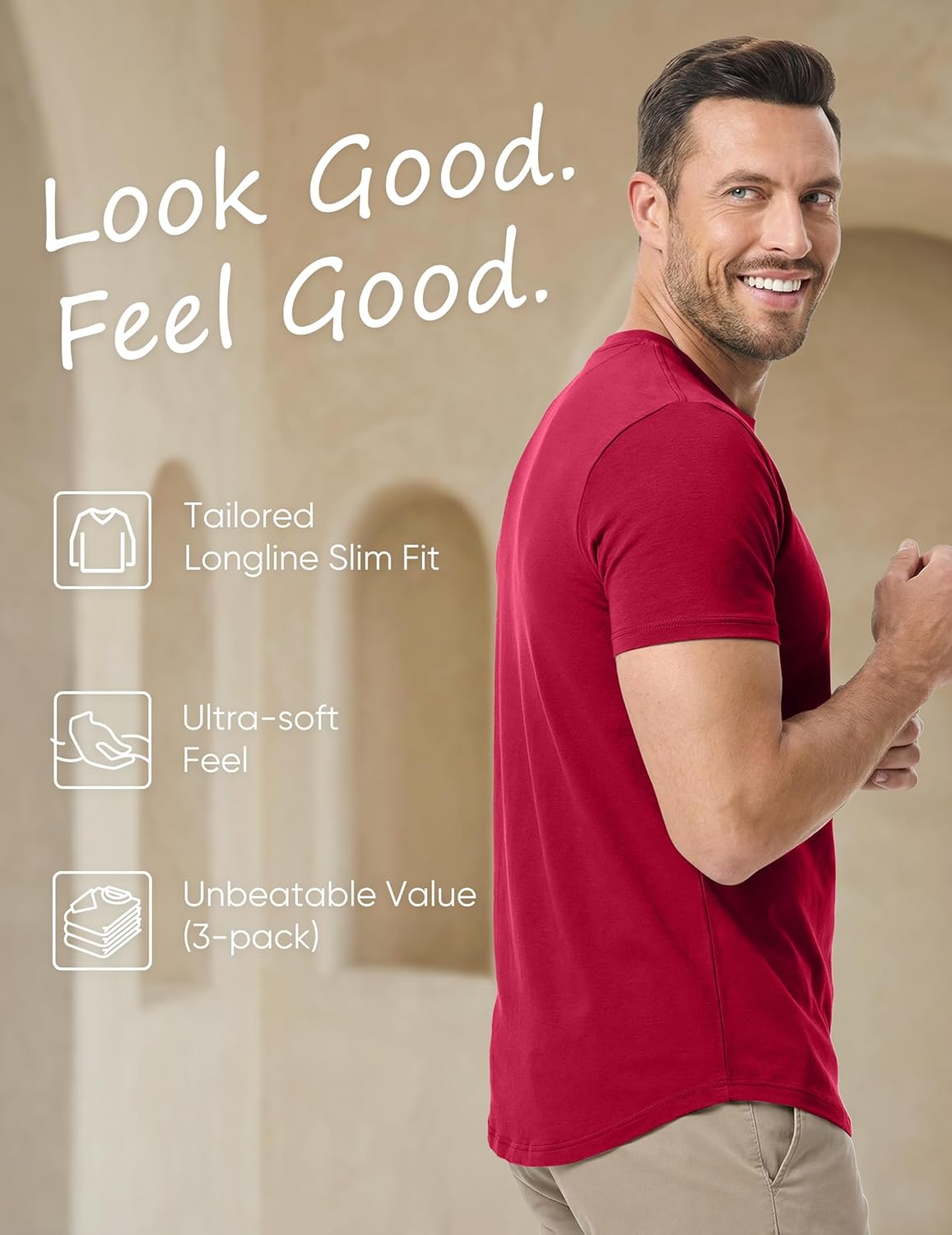 Thumbnail 4 de JMIERR Men's 3 Pack Cotton Hipster Longline Crewneck T-Shirts