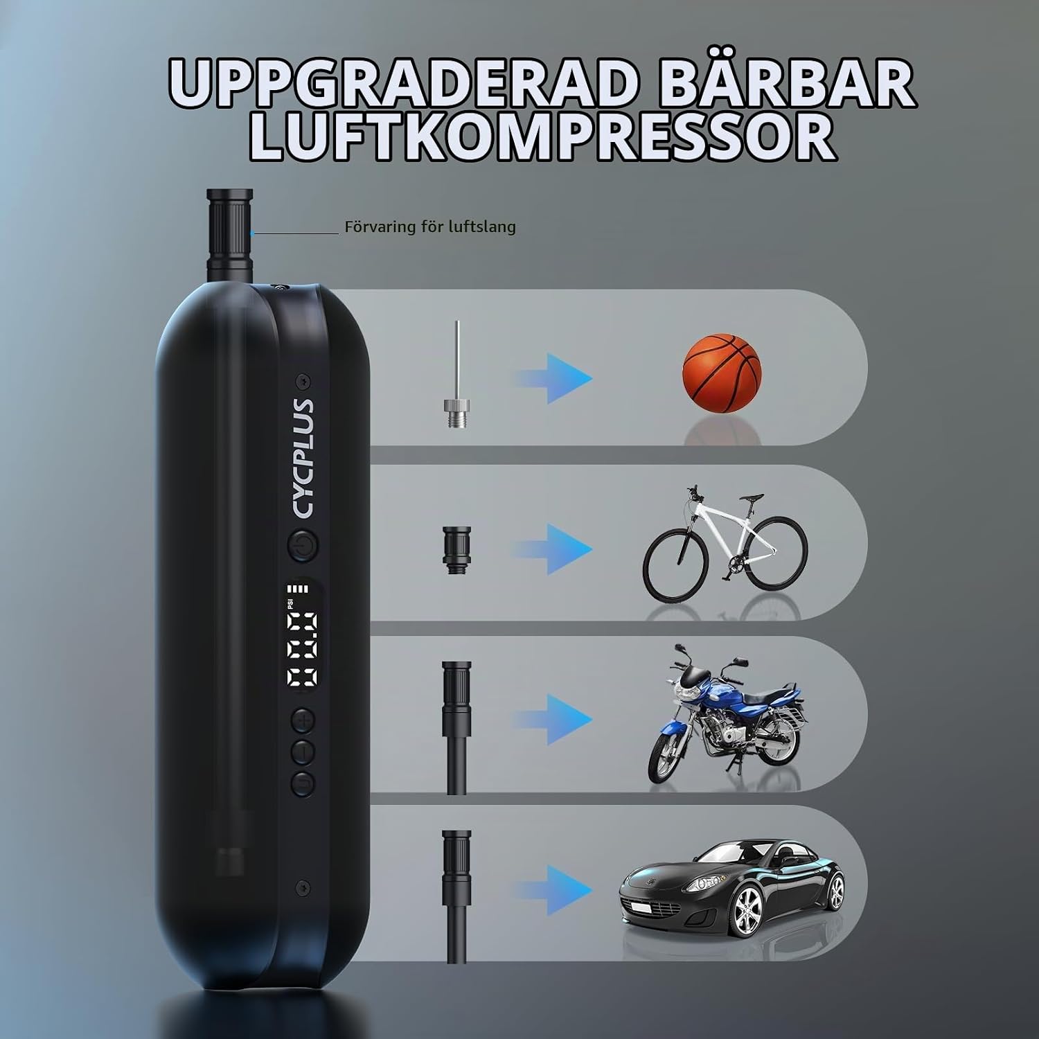 Thumbnail 6 de CYCPLUS A2 elektrisk däckpump med 150 PSI, 2 600 mAh-batteri och LED-ljus