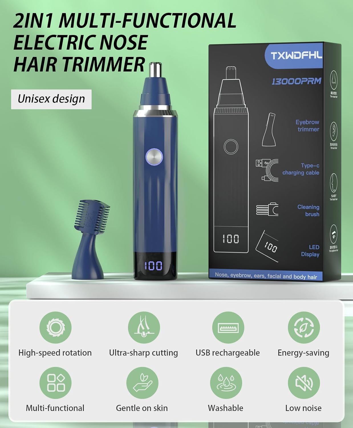 Detalle de TXWDFHL Rechargeable Nose and Ear Hair Trimmer with LED Display, 2 Heads