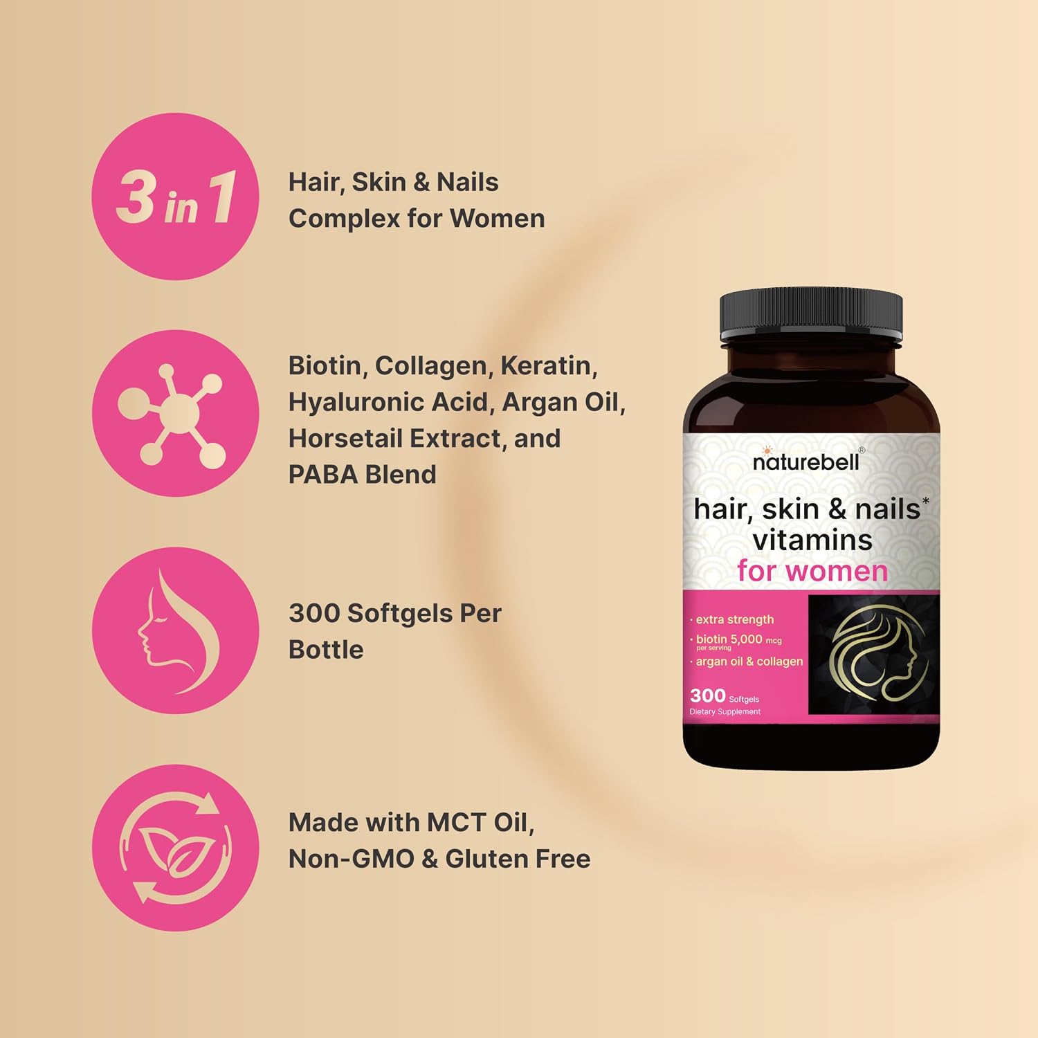 Detalle de NatureBell Hair, Skin & Nails Vitamins, 300 Softgels