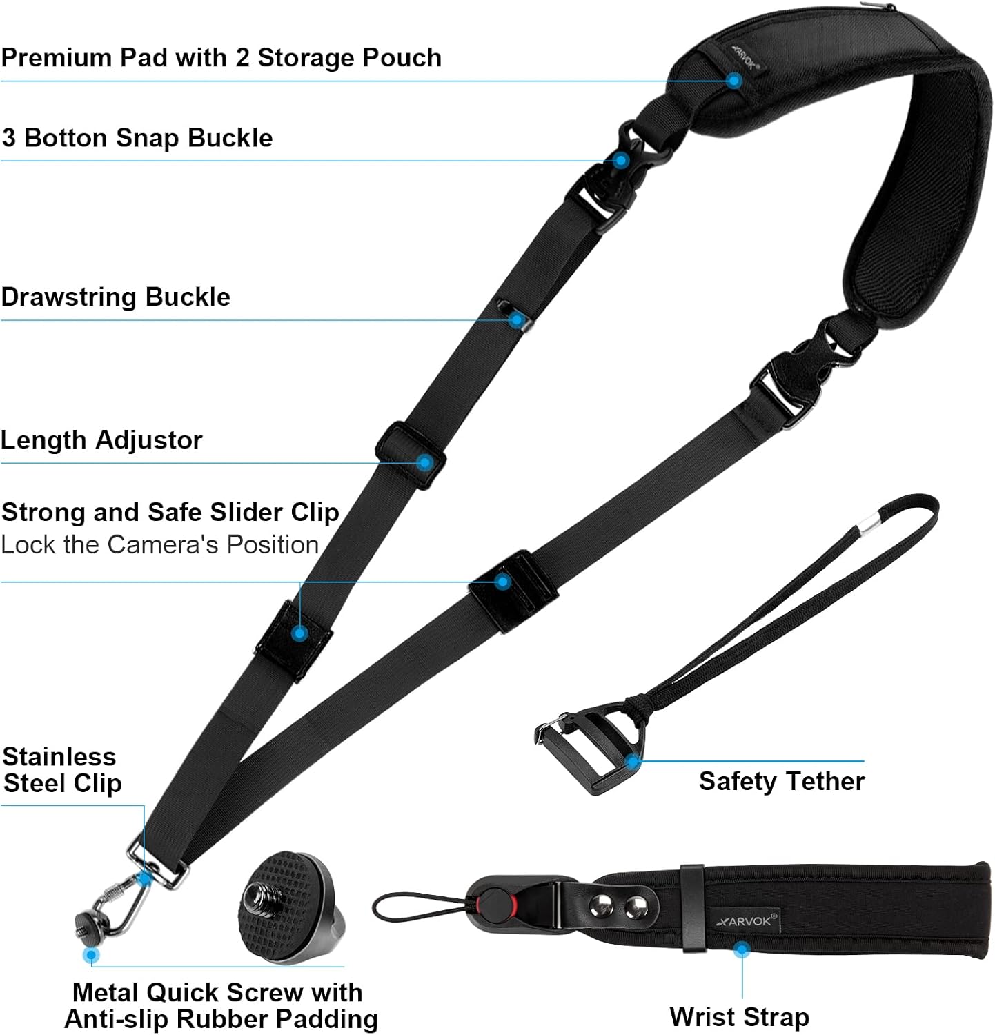 Thumbnail 1 de Arvok ARVOK Camera Strap with Quick Release & Safety Tether – Adjustable DSLR Shoulder Strap for Nikon, Canon, Sony & Fuji