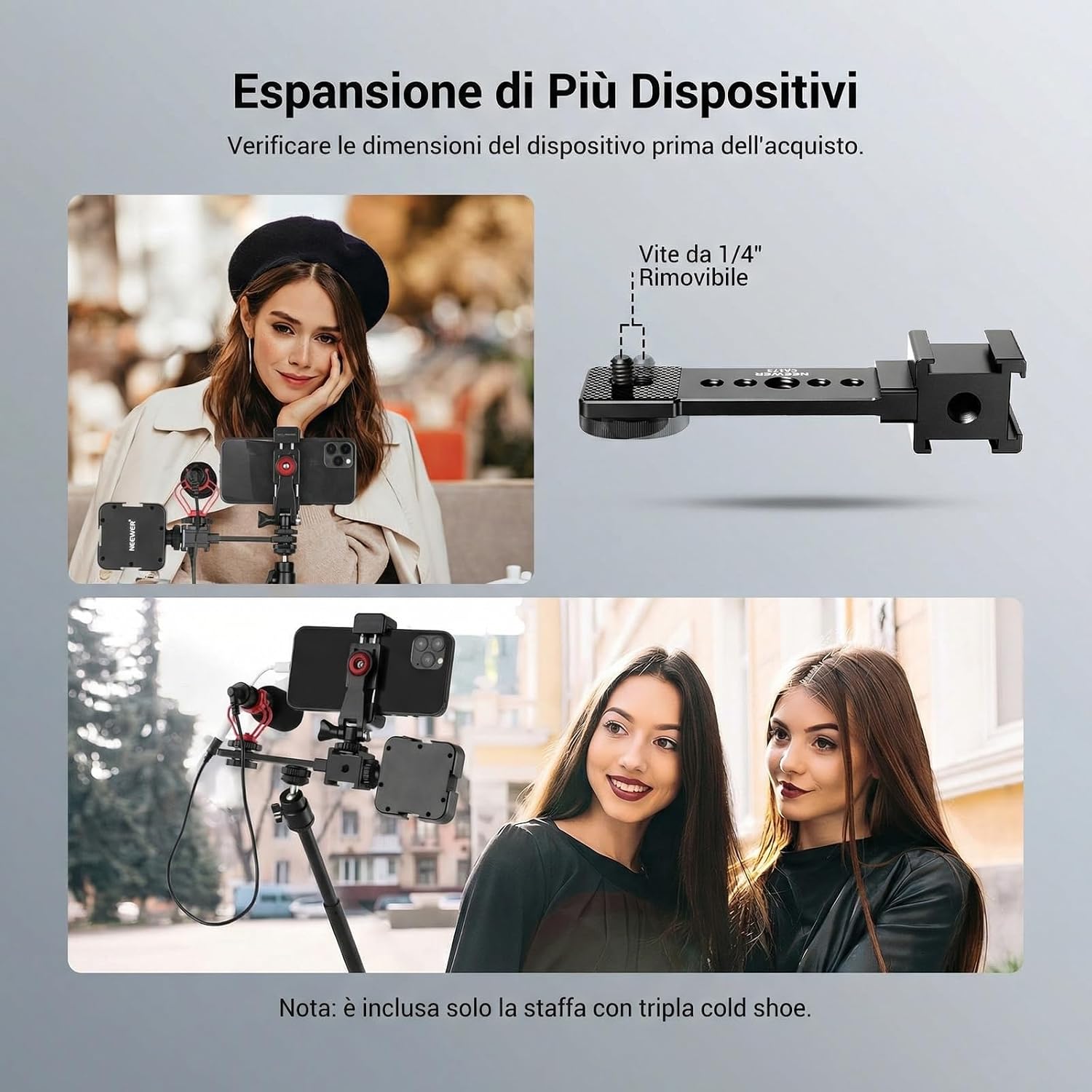 Detalle 2 de NEEWER CA173 piastra di estensione a triplo cold shoe per supporto microfono e luce LED su gimbal