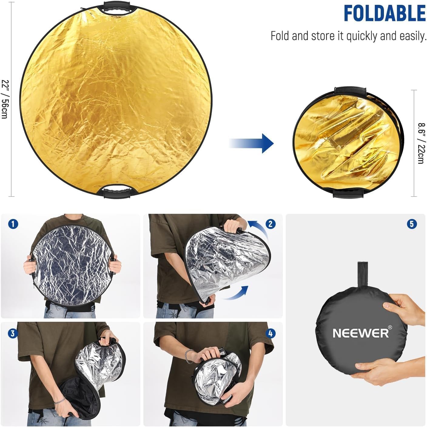 Thumbnail 6 de NEEWER 22"/56cm 5-in-1 Light Reflector with Clamp & Hand Grips – Portable Studio and Outdoor Reflector
