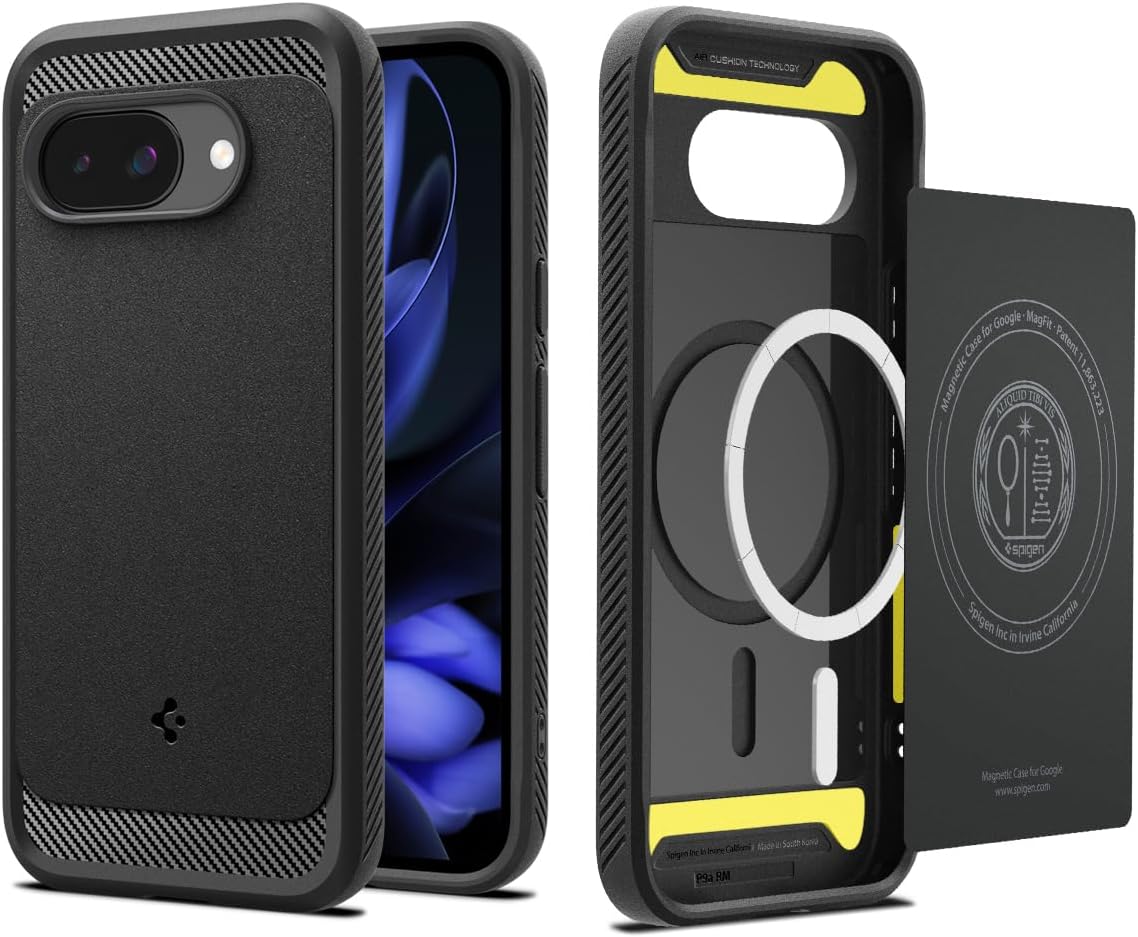 Detalle de Spigen Rugged Armor MagFit per Pixel 9a – cover con magneti integrati, nero opaco