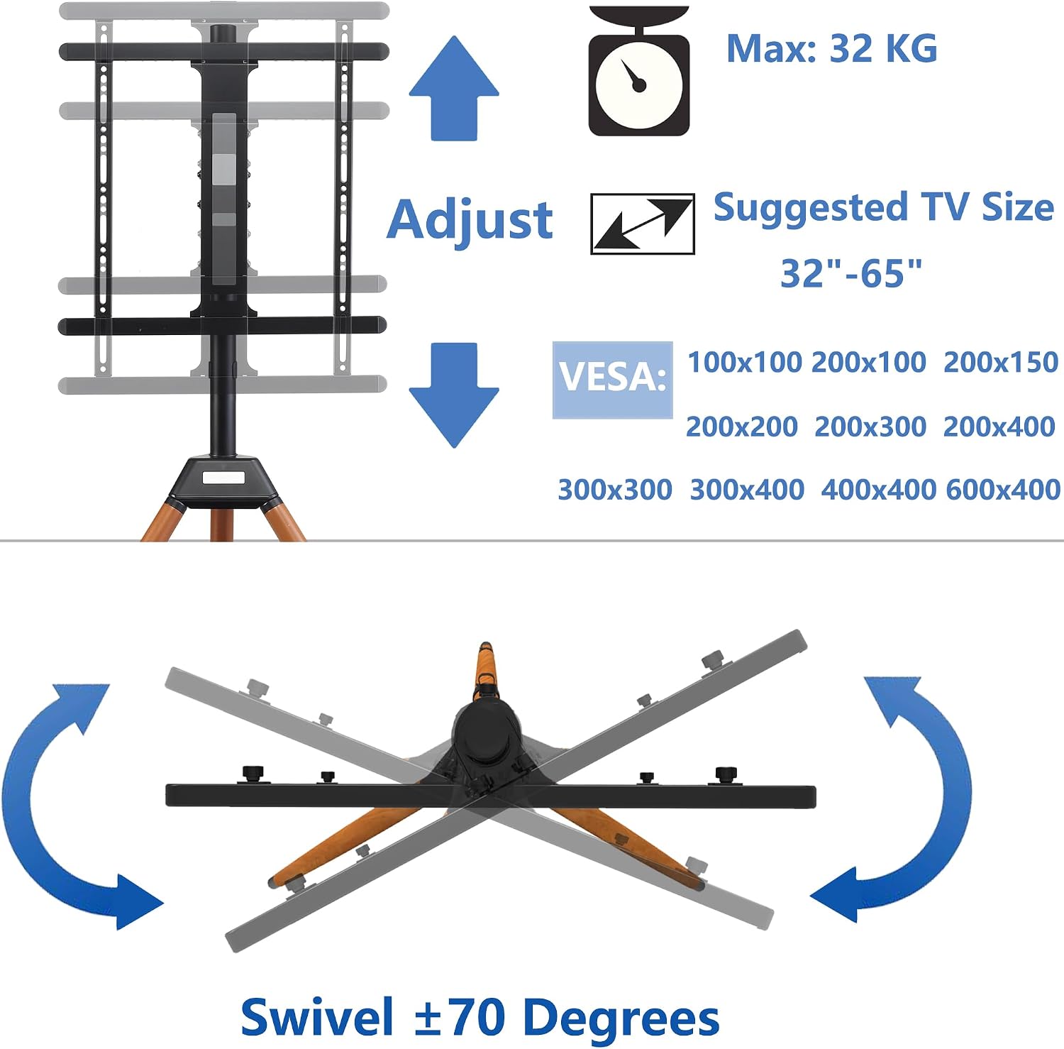 Thumbnail 3 de ETHU Tripod TV-Ständer aus Holz mit Schwenkfunktion und Medienablage (VESA bis 600×400 mm) für 32–65 Zoll