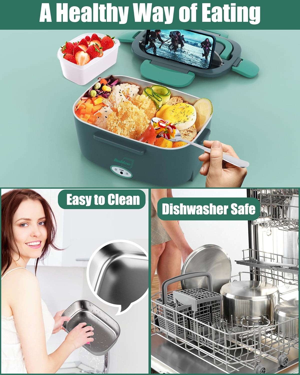 Thumbnail 6 de Buddew Electric Heated Lunch Box: 80W Fast Heating, 1.5L Stainless Steel Duo, 110V/12V/24V Portable Warmer