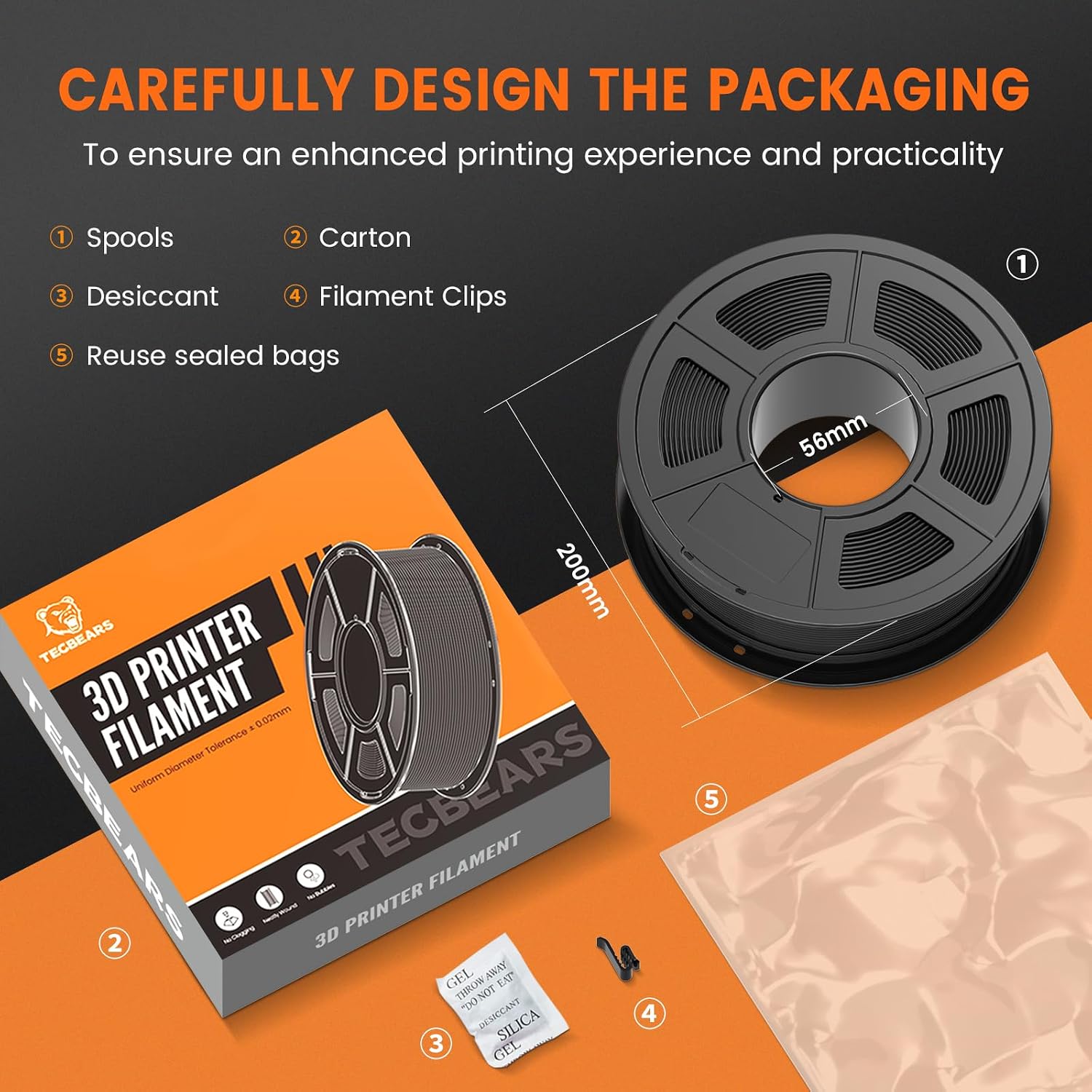 Detalle 2 de TECBEARS PETG Filament 1.75mm Bundle (4KG, 4 Spools) — tough, easy-to-print PETG for durable everyday parts