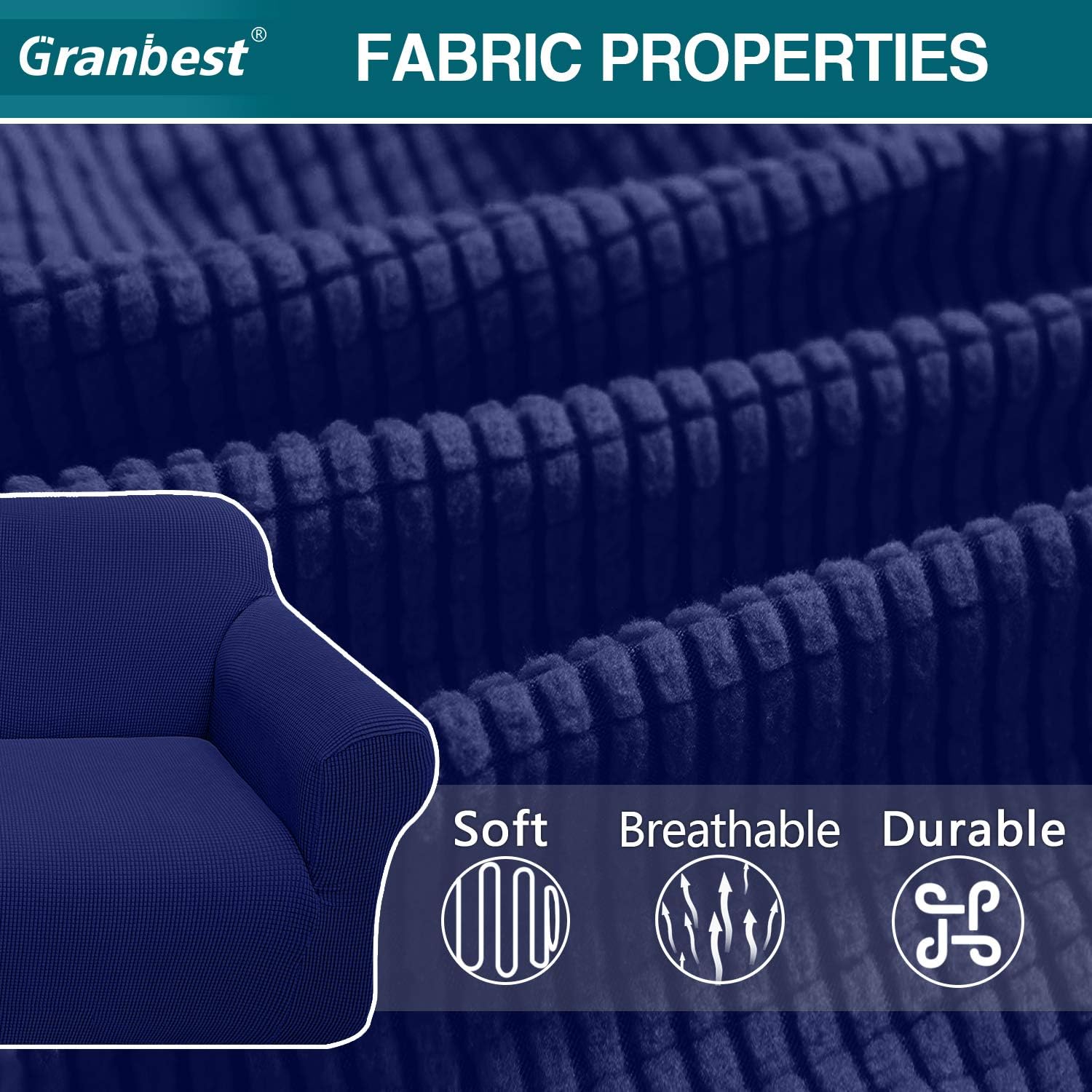 Thumbnail 3 de Granbest High Stretch 3 Seater Sofa Cover (Navy Blue) with Jacquard Spandex Fit