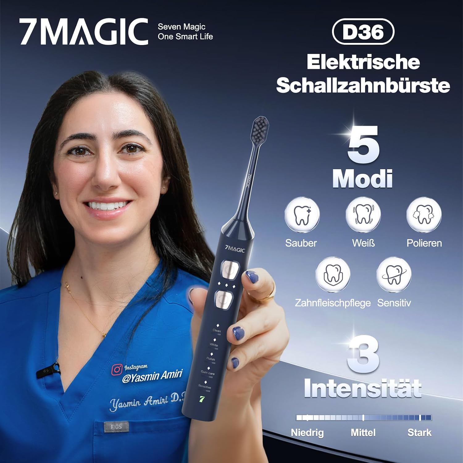 Thumbnail 1 de Elektrische Schallzahnbürste (leise) mit 3 Intensitäten, 5 Modi, Timer und IPX7 – 40.000 vpm, 180 Tage Akkulaufzeit, Blau