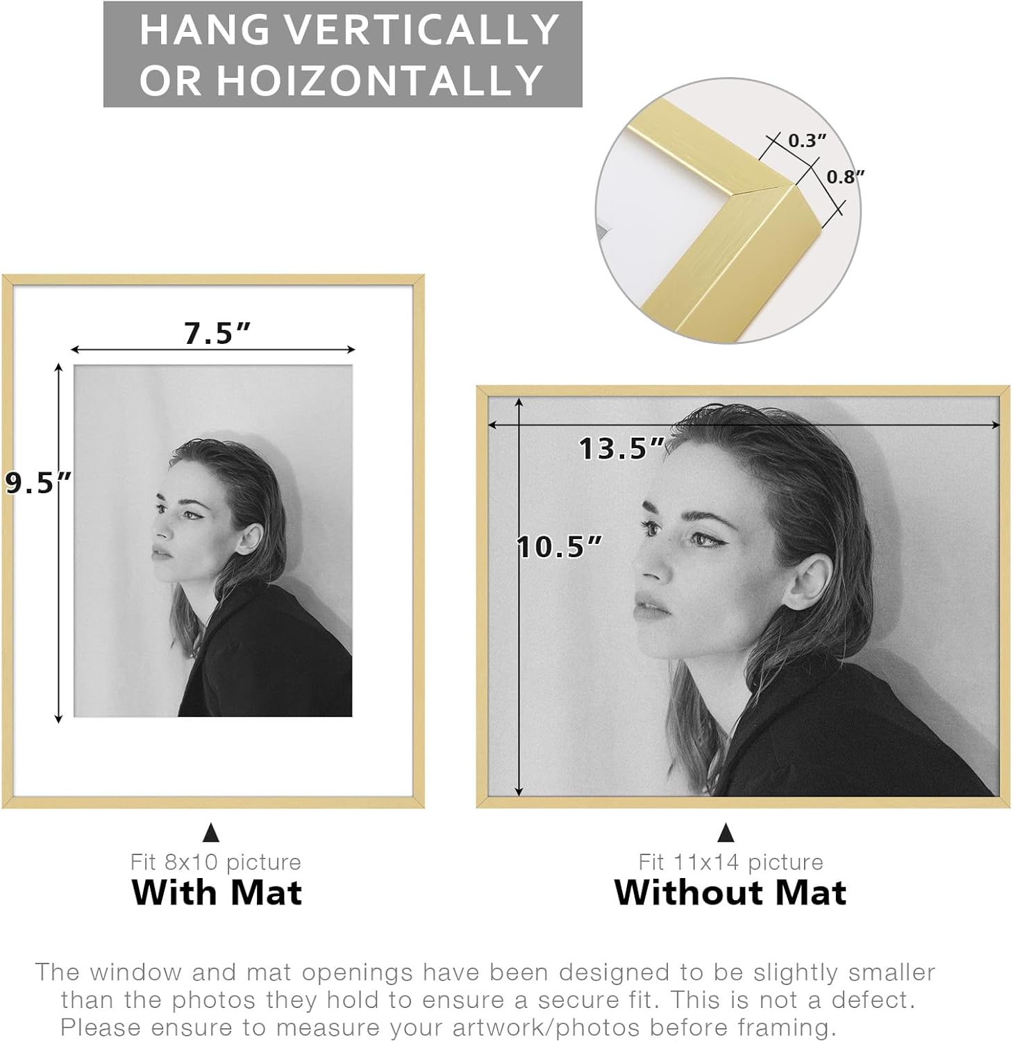 Thumbnail 4 de Golden State Art 11x14 Aluminum Picture Frame with Mat (Gold) — Real Glass Cover for 8x10 or 11x14 Photos