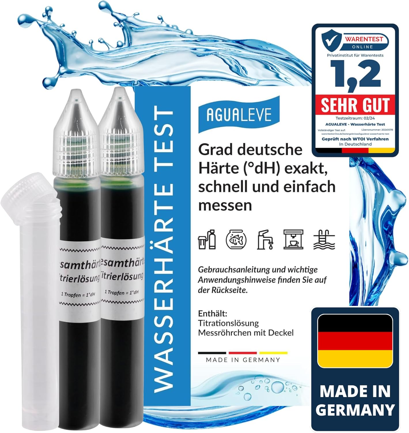 AGUALEVE Wasserhärte Test (Titration) bis 24 °dH – schnell & einfach Wasserhärte messen, 2× 15 ml
