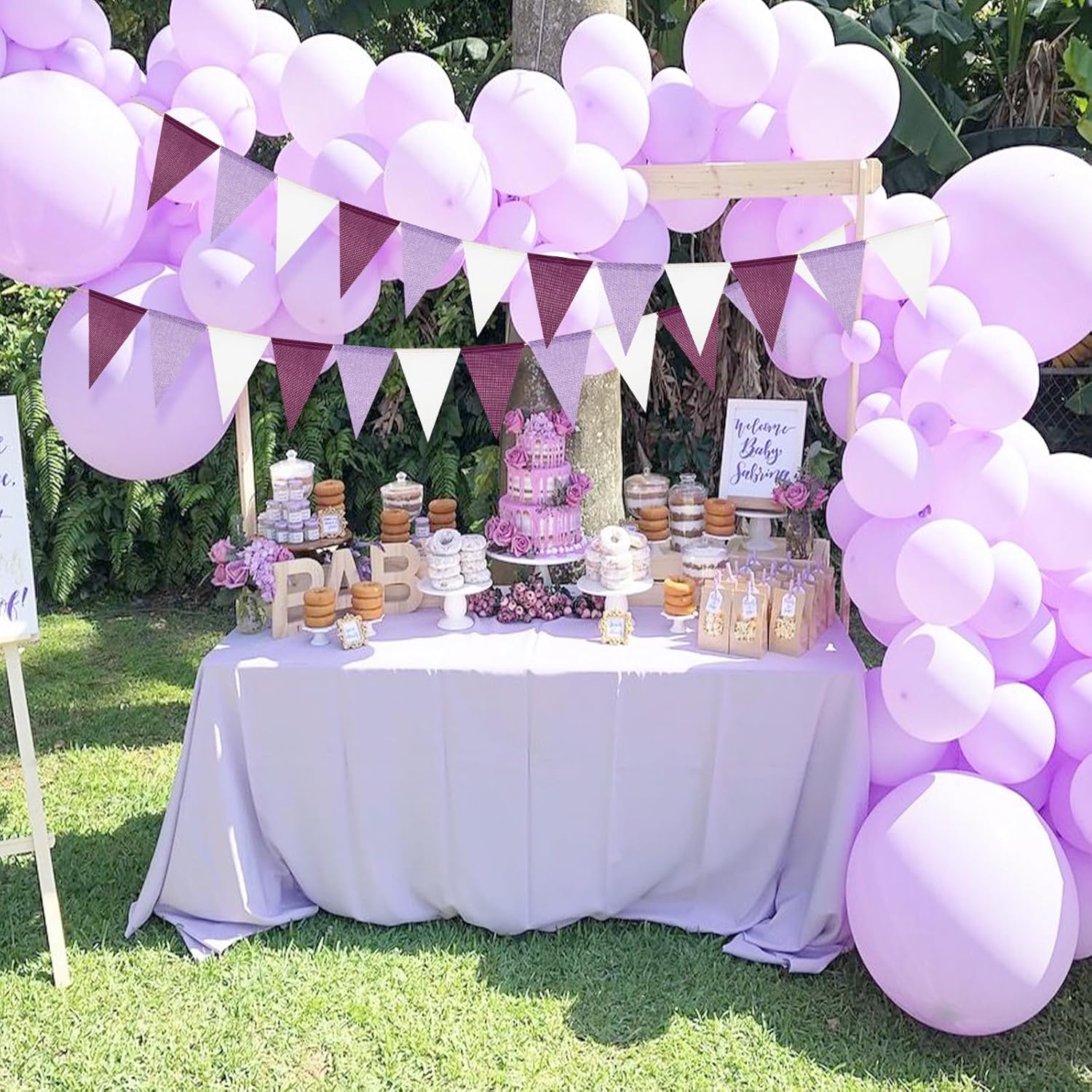 Detalle de G2PLUS Purple White Burlap Triangle Bunting (60 pieces) – Reusable waterproof hessian party flags, 20m for weddings, baby showers & garden décor