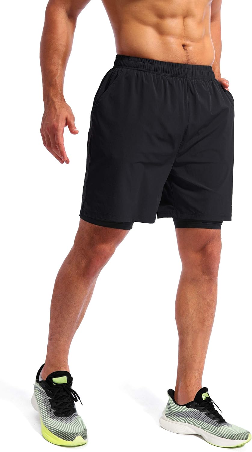 Thumbnail 3 de Pudolla Men’s 2 in 1 Running Shorts 5" with Quick-Dry Fabric and Phone Pockets