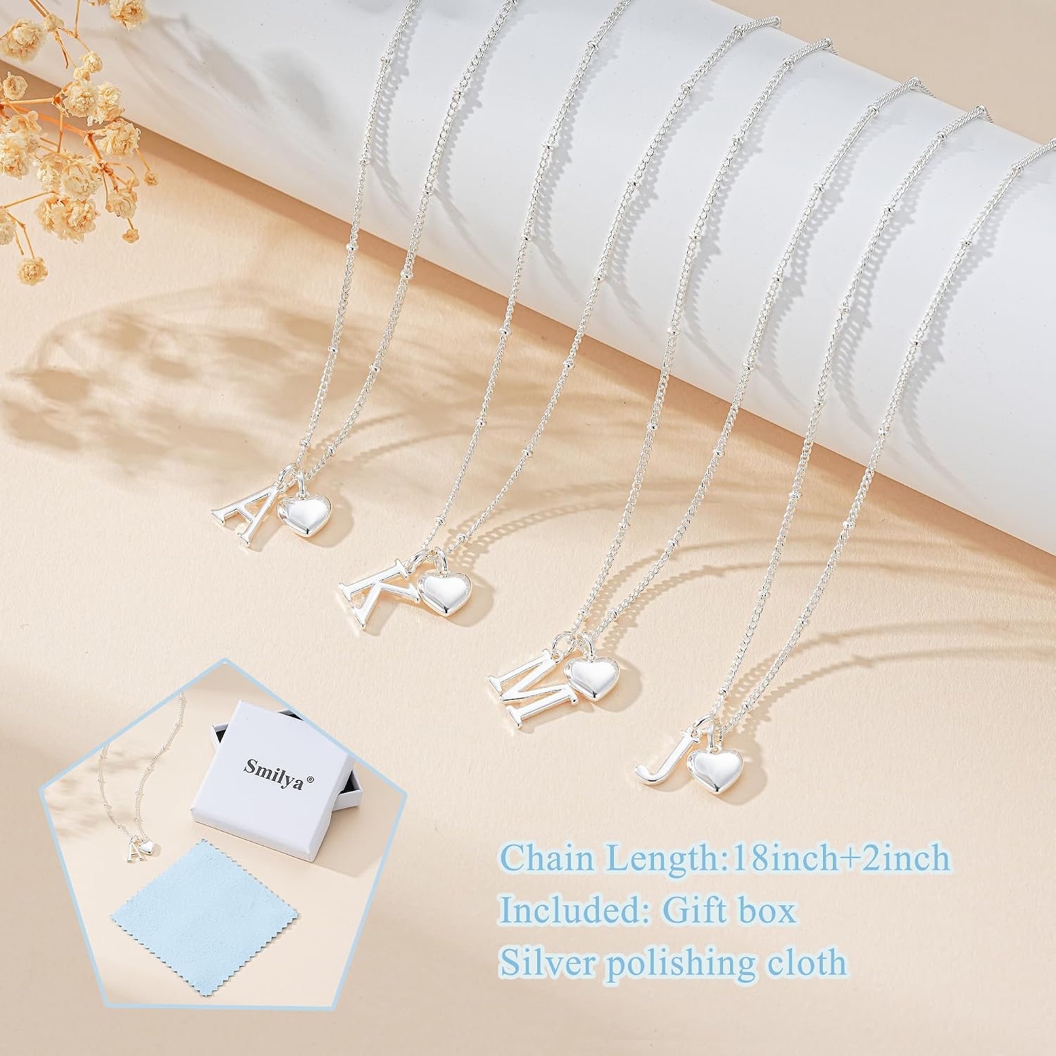 Detalle 2 de Smilya S925 Silver Initial Heart Necklace (Hypoallergenic) for Women