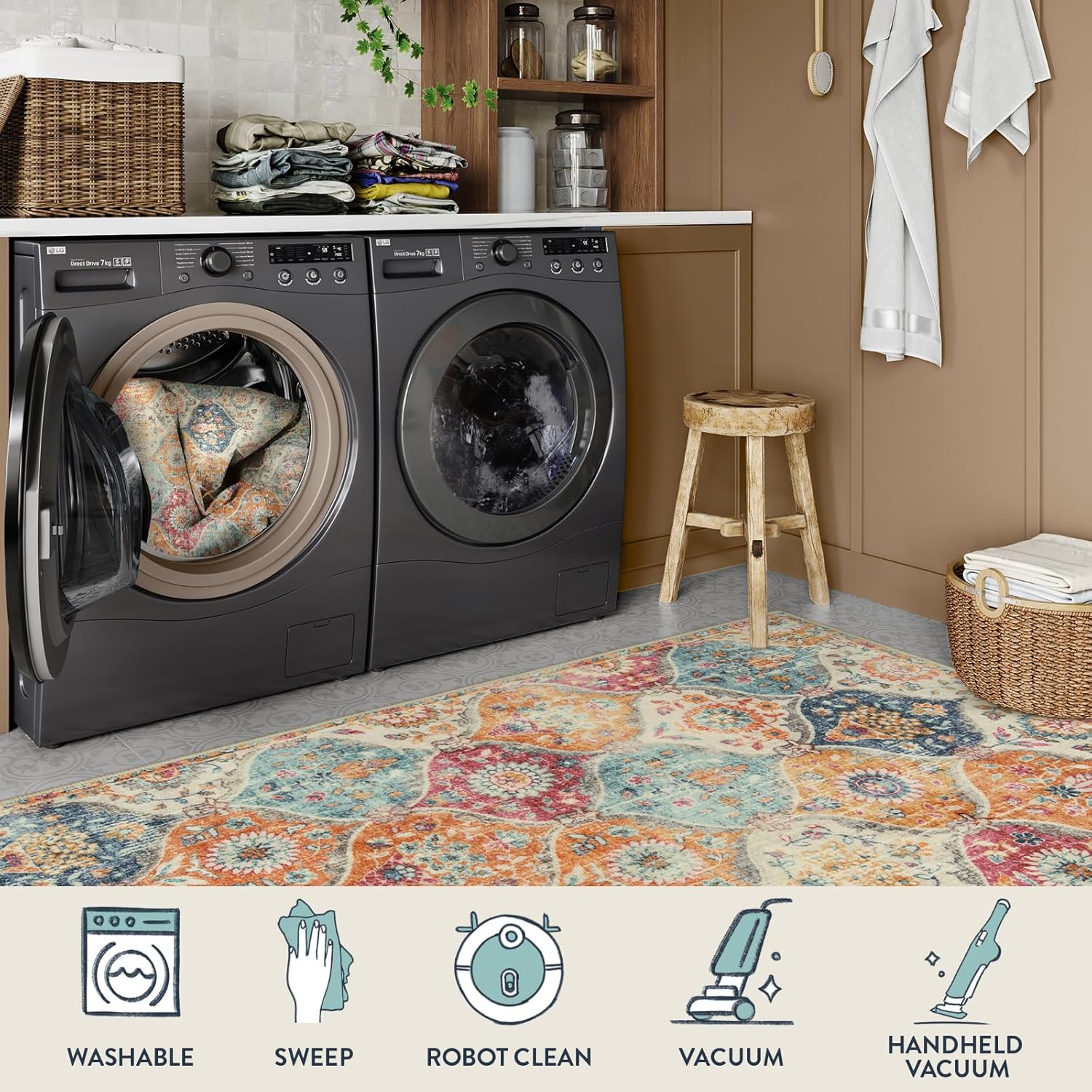 Thumbnail 2 de Lahome Moroccan Trellis Washable Rug (Cream/Multi), 2x3