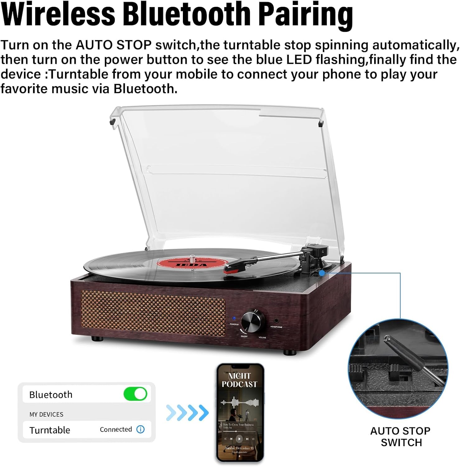 Thumbnail 2 de Platine Vinyle Bluetooth Portable à 3 Vitesses – Vintage avec haut-parleurs intégrés (33 1/3/45/78 RPM) – Marron